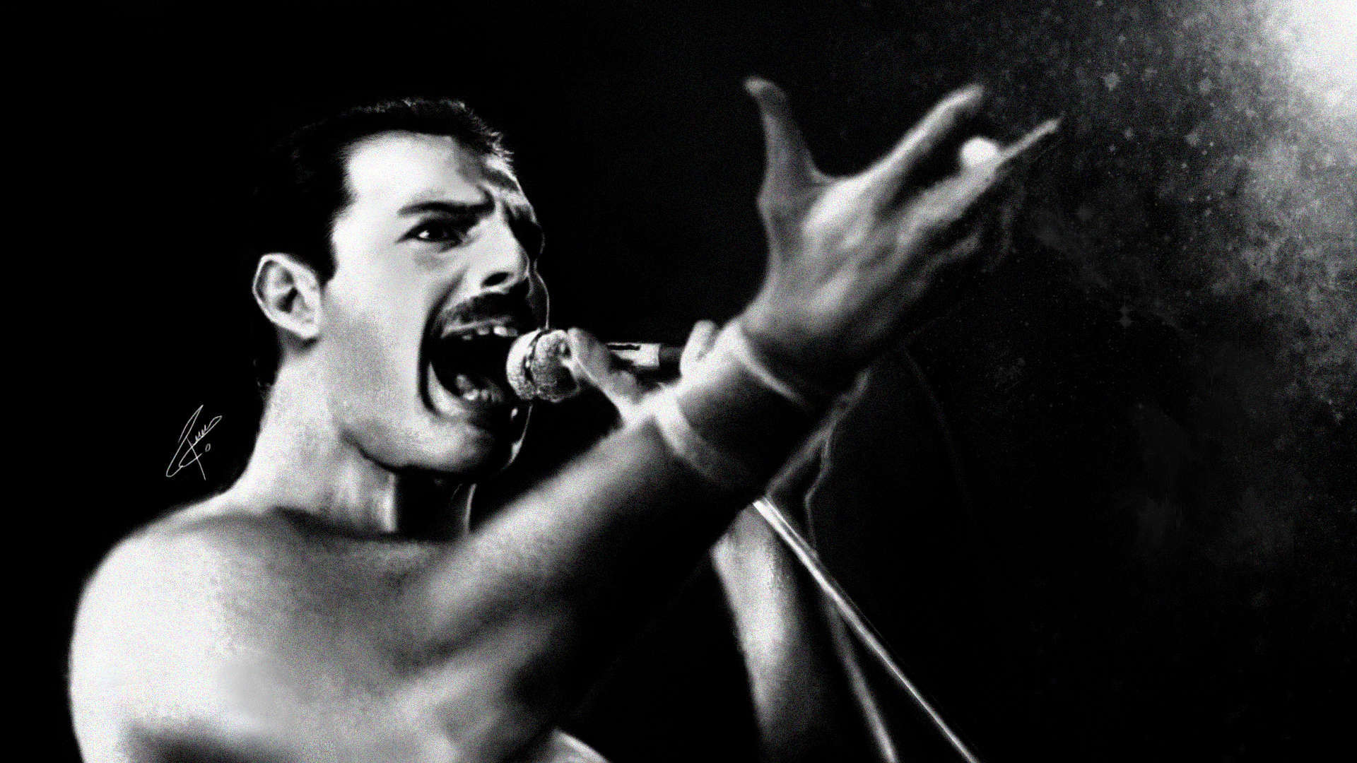 Freddie Mercury, Queen, Bianco e nero, Microfono, Ritratto, Full HD, sfondo per portatile