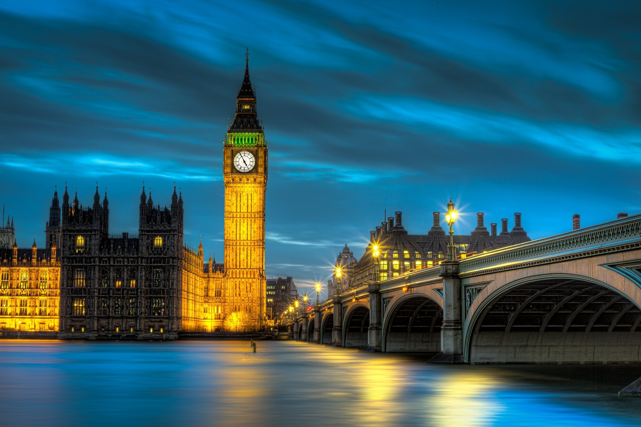 Big Ben, Ponte di Westminster, Palazzo di Westminster, Londra, Cielo blu, wallpaper Windows 11