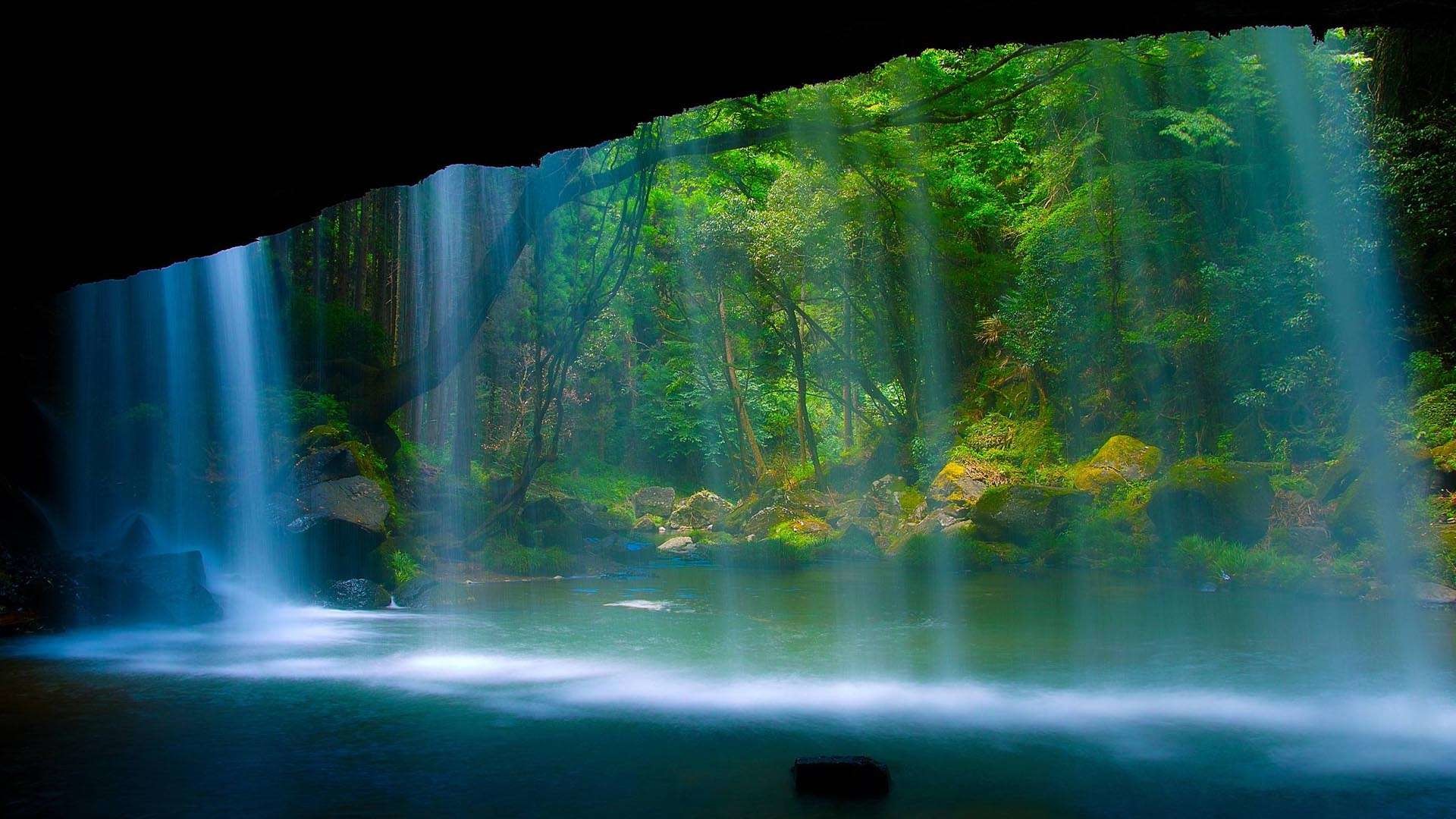 Cascata, Grotta, Foresta, Raggi di sole, 1920x1080, immagine di sfondo