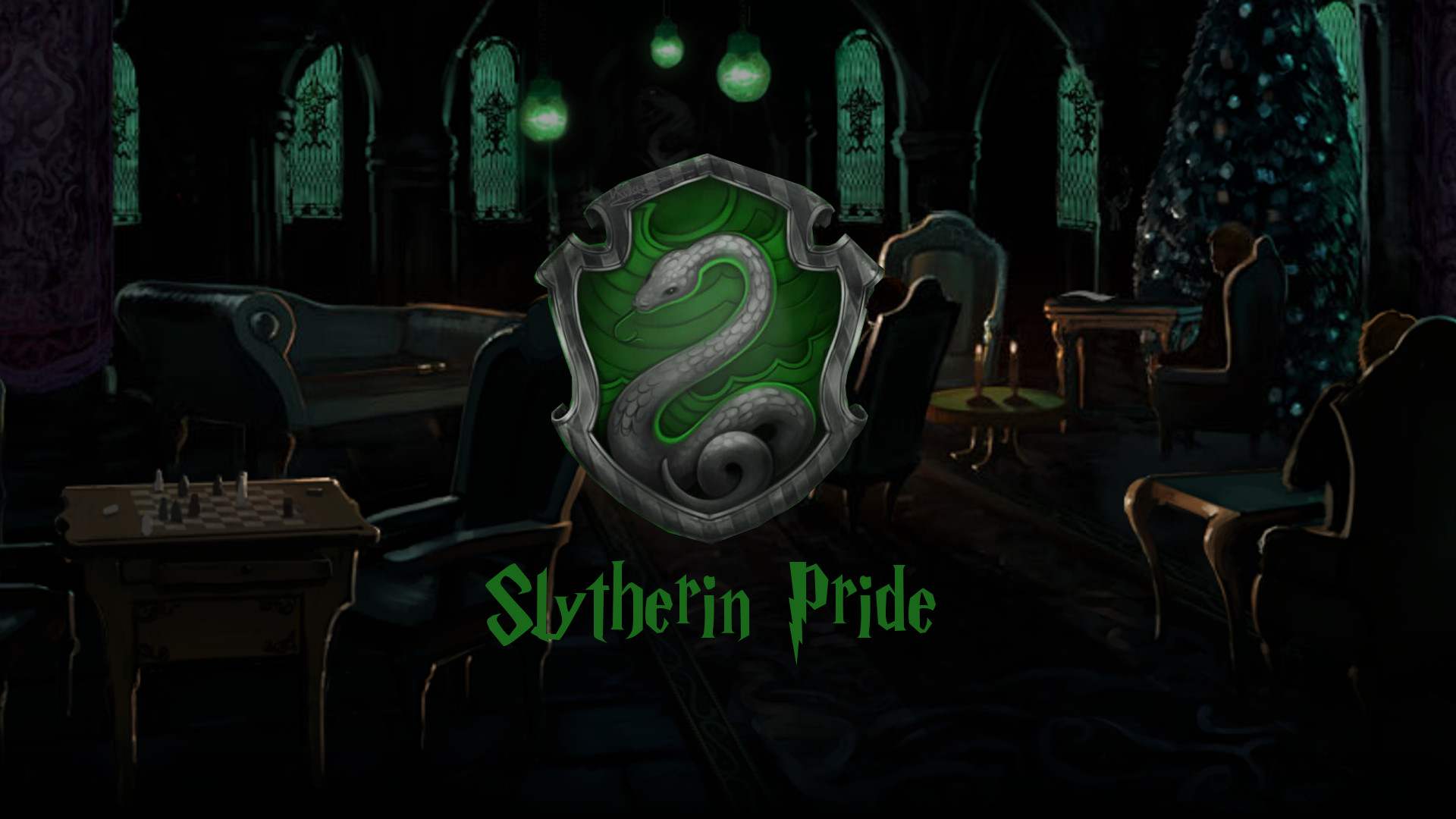 Sala comune di Serpeverde, Stemma di Serpeverde, Serpeverde, Harry Potter, Hogwarts, Notte, sfondo 1080p