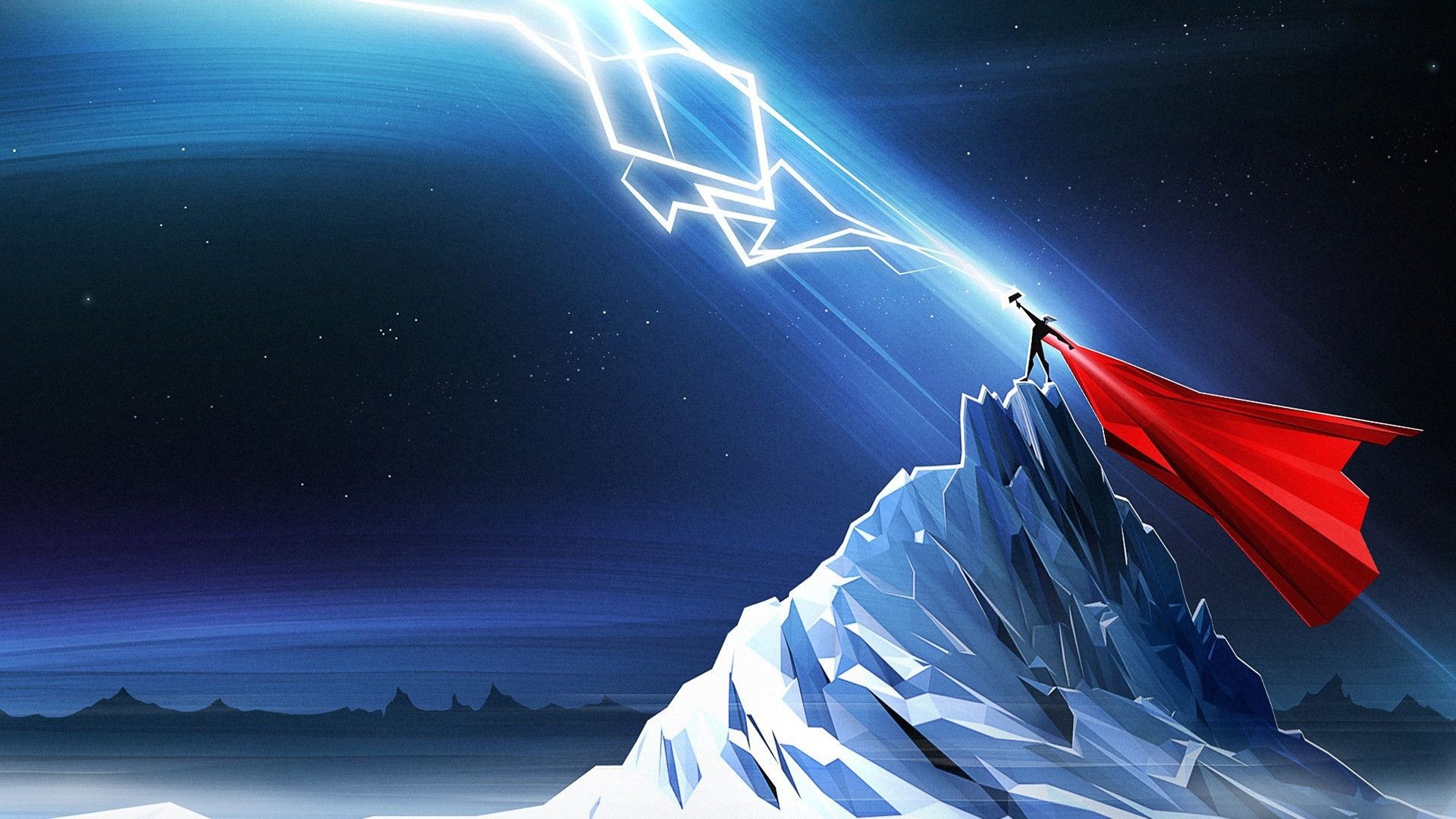 Thor, Marvel, Fulmine, Montagna, Minimalista, Notte, 16:9 Full HD, sfondo widescreen