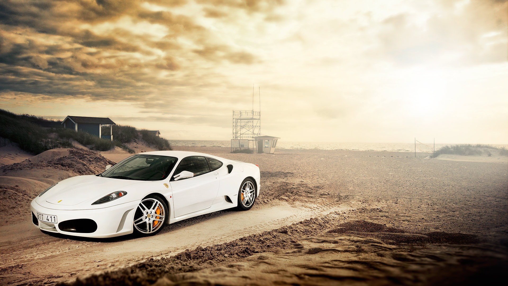 Ferrari F430, Bianco, Spiaggia, Sabbia, Nuvole, Full HD 1080p, sfondo desktop