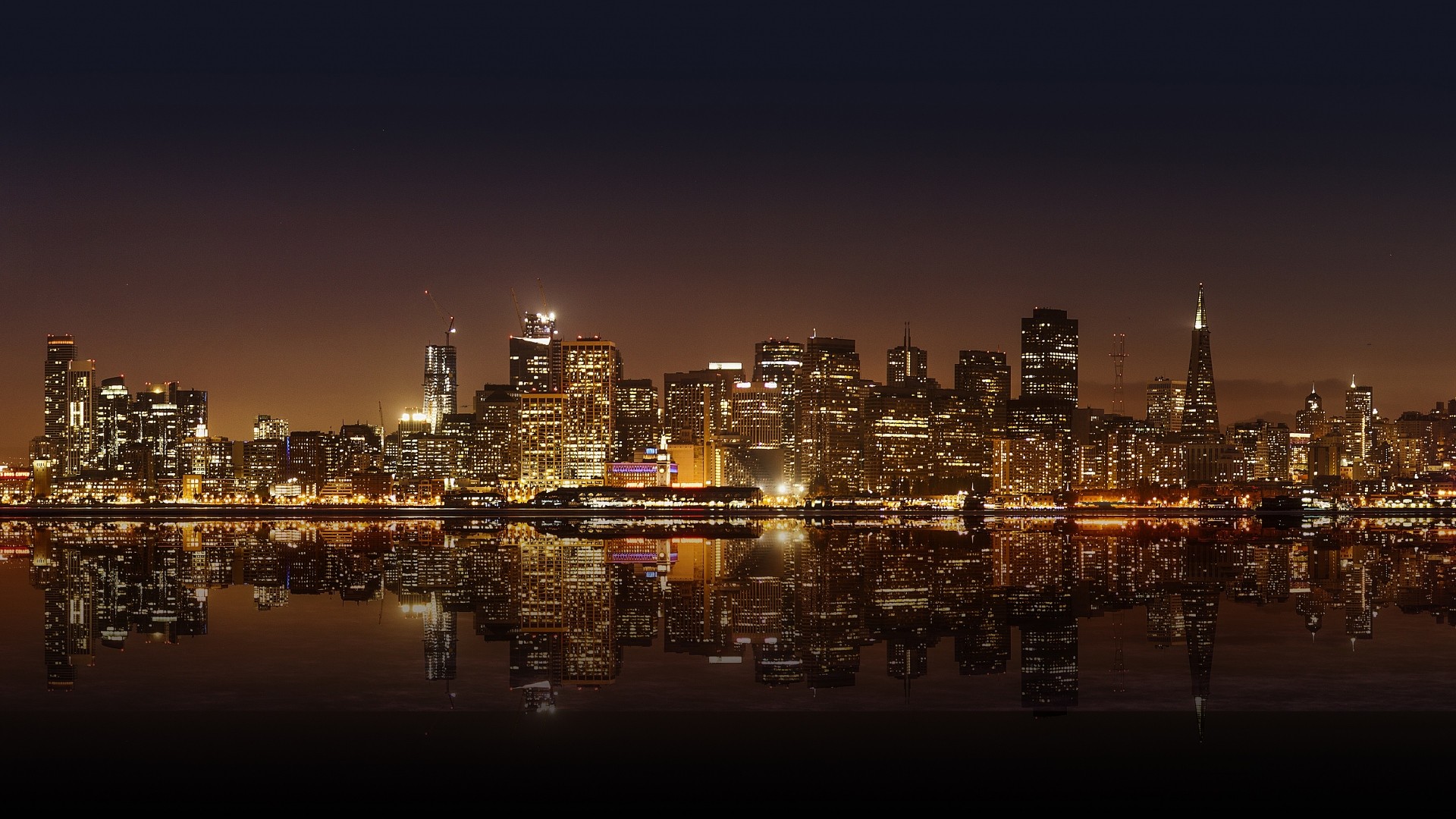 San Francisco, Skyline, Baia di San Francisco, Notte, Riflessi, Full HD, sfondo desktop