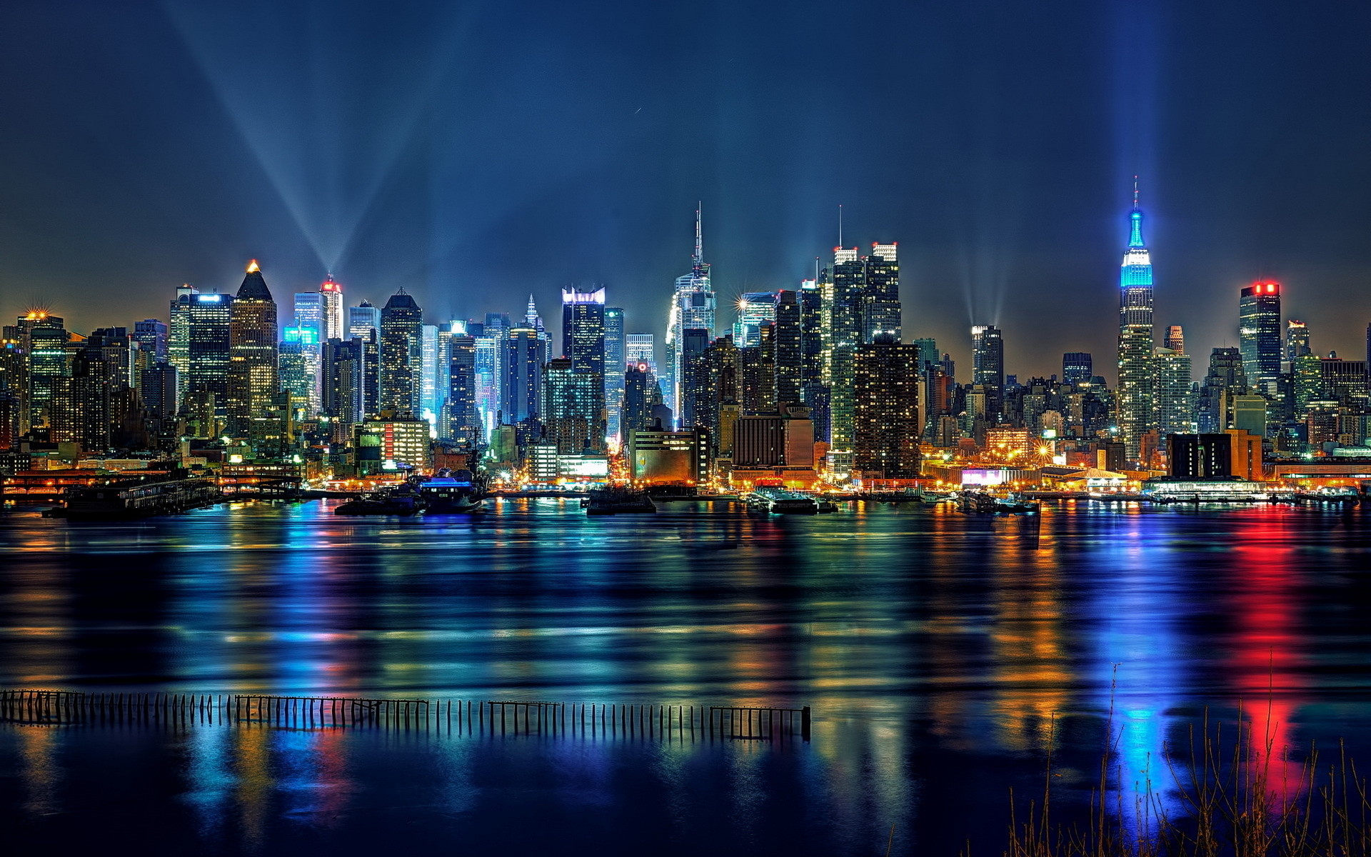 Skyline di Manhattan, Notte, Riflesso, Luci della città, 1920x1200, sfondo MacBook Pro