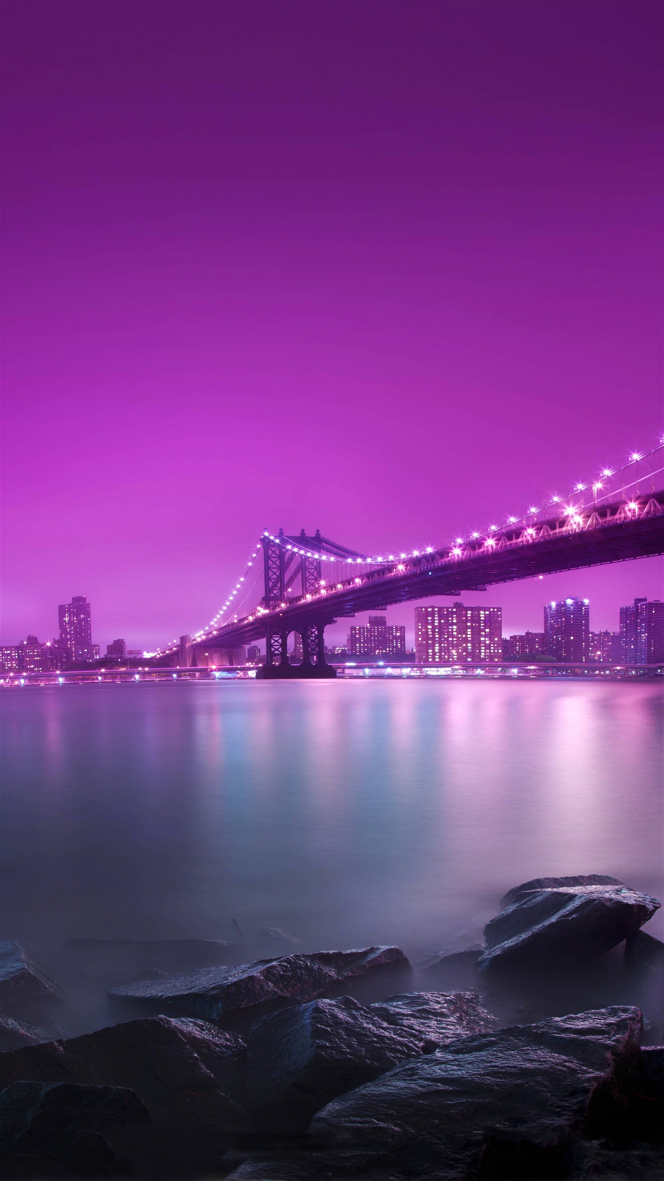 Ponte di Brooklyn, New York, Viola, Notte, wallpaper per smartphone
