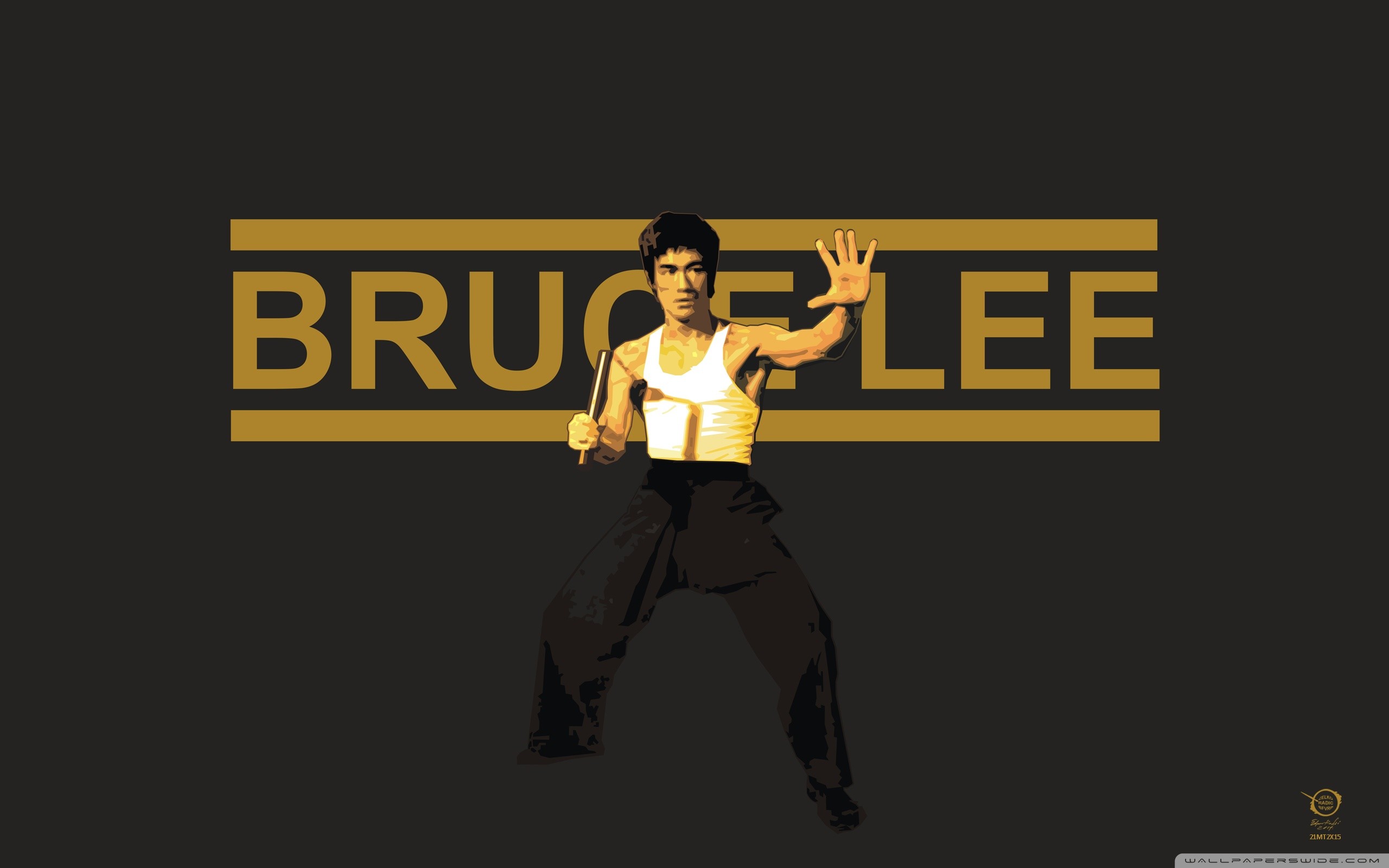 Bruce Lee, Logo, Posa di kung fu, Sfondo scuro, 2560x1600, wallpaper desktop