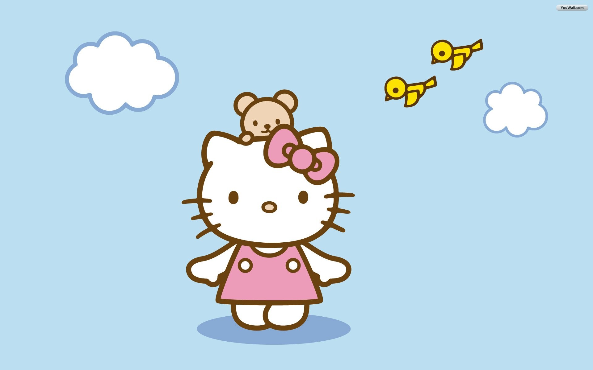 Hello Kitty, Orsacchiotto, Cielo azzurro, Nuvole, Uccellini, Full HD, sfondo per portatile