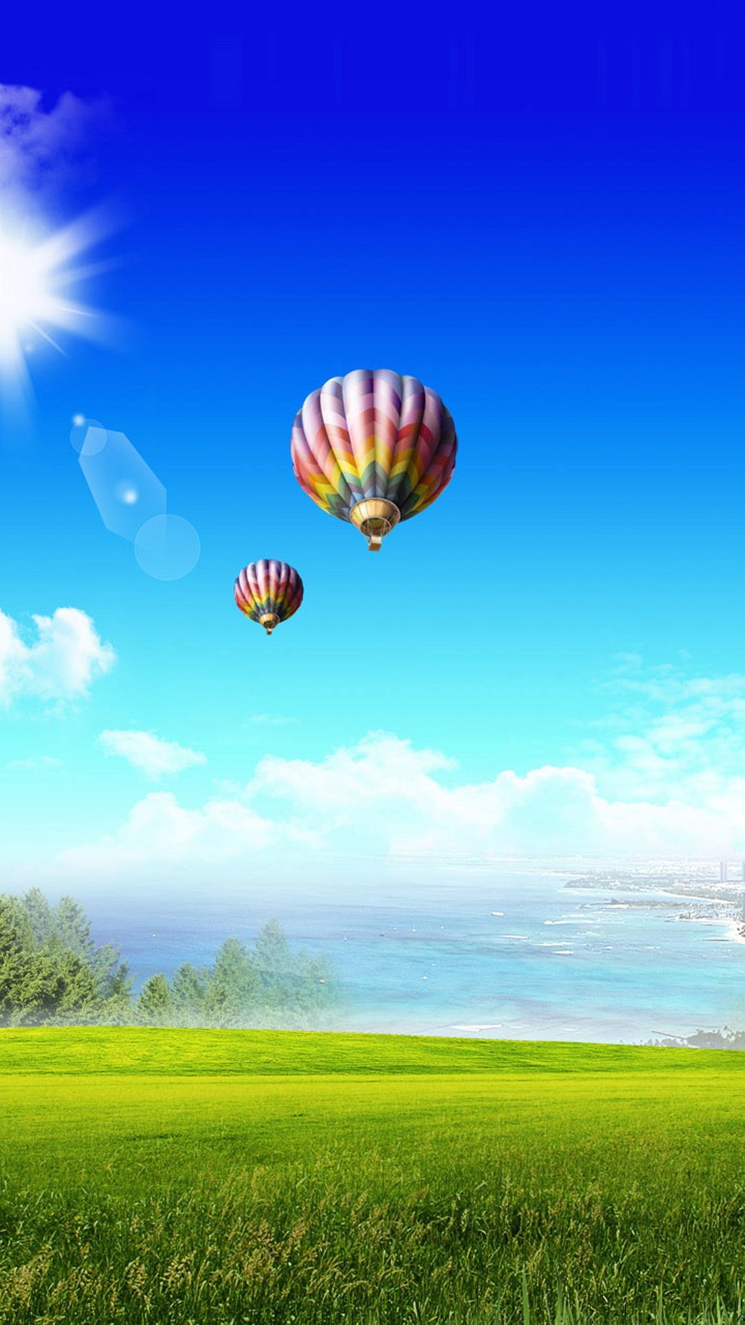 Mongolfiere, Prato, Cielo azzurro, Sole, wallpaper per iPhone e Android