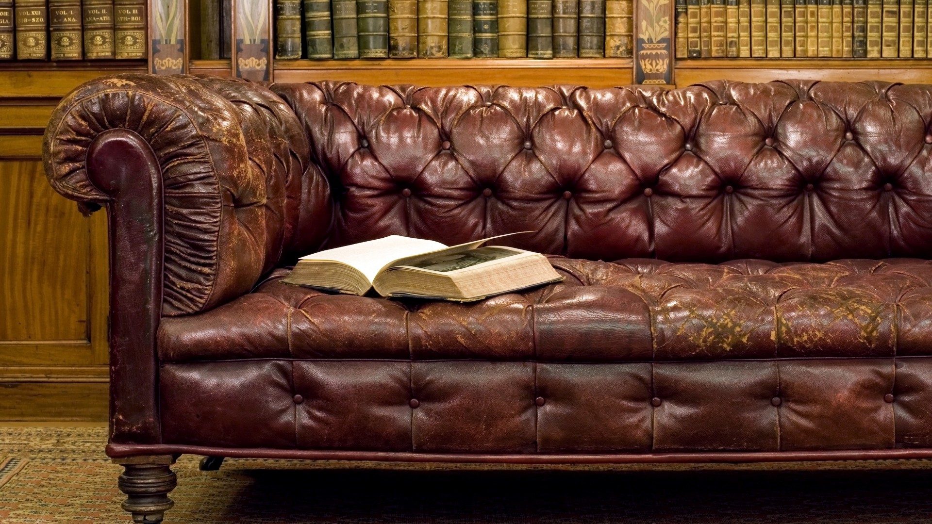Divano Chesterfield, Libro aperto, Pelle, Libreria, Full HD, sfondo per PC