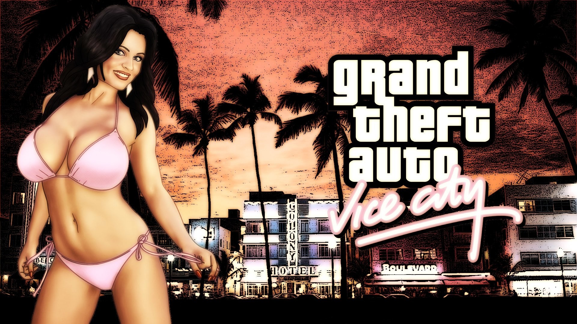 Grand Theft Auto: Vice City, Ragazza in bikini, Palme, Tramonto, sfondo 16:9 Full HD