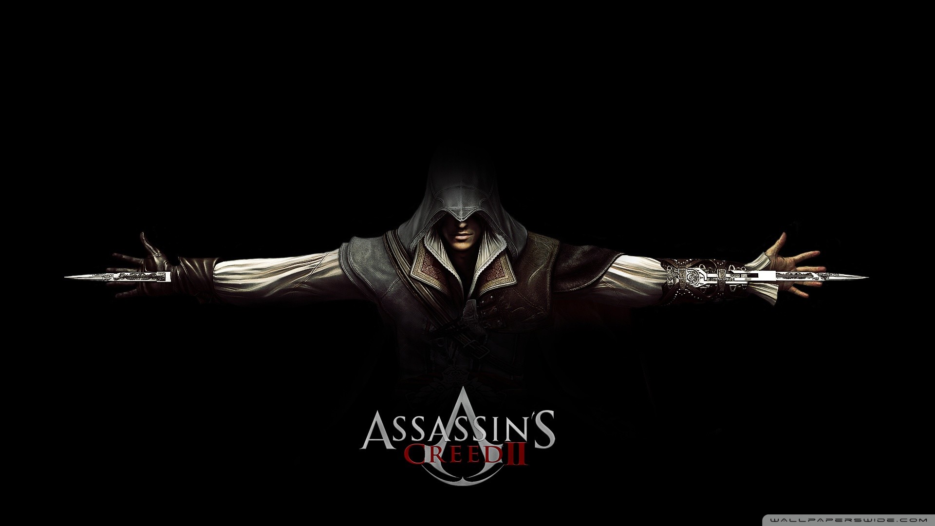 Ezio Auditore, Assassin's Creed, Lame celate, Sfondo nero, Logo, wallpaper Windows 11