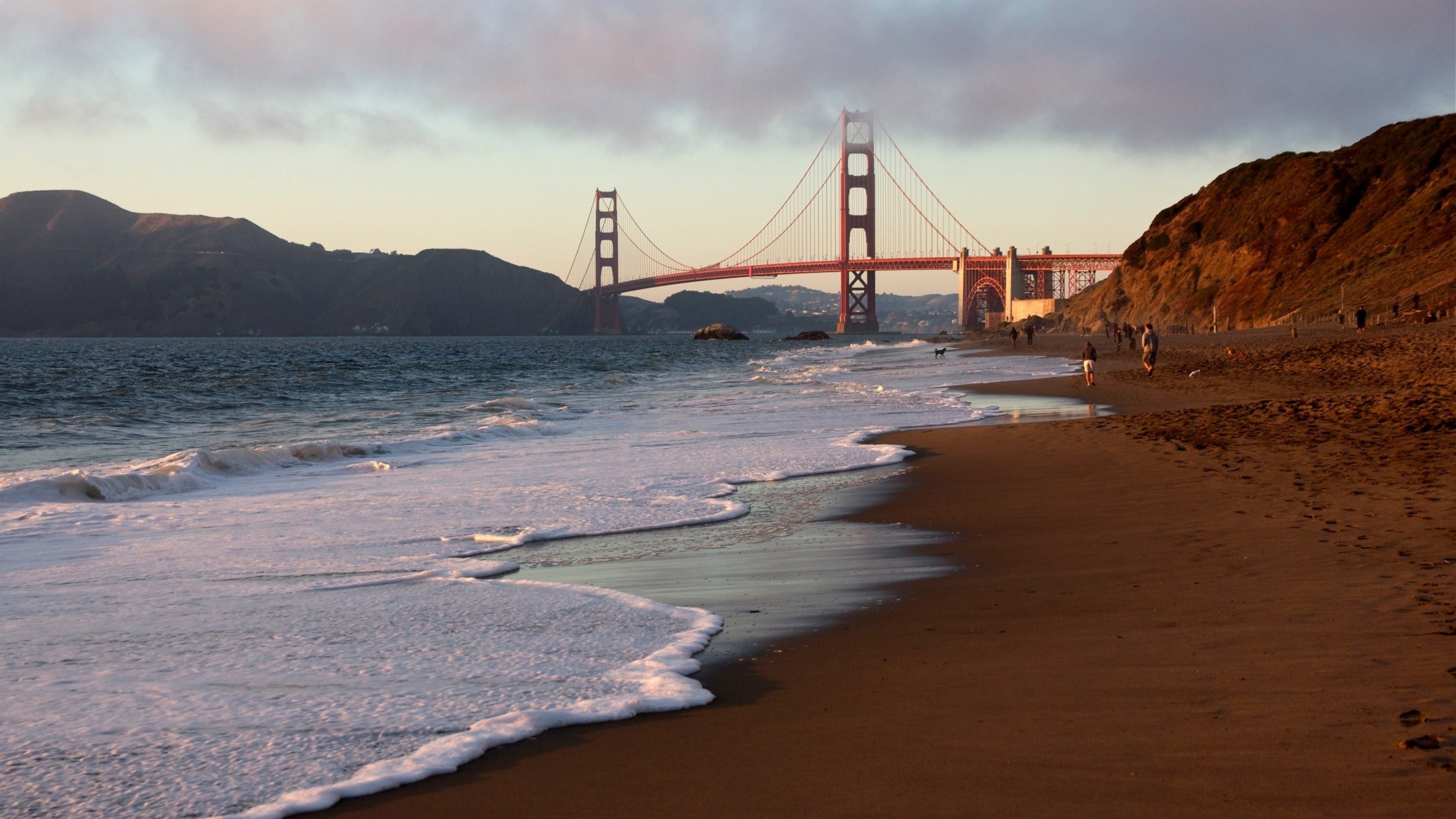 Golden Gate Bridge, Baker Beach, San Francisco, Spiaggia, Onde, 3840x2160, immagine di sfondo