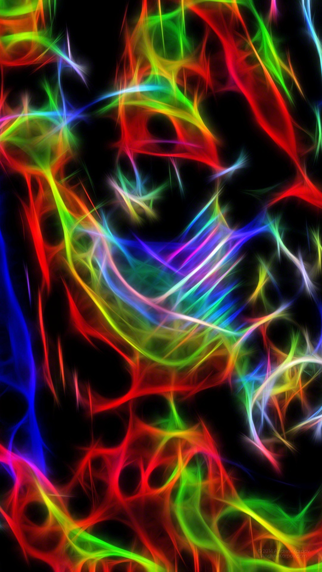 Linee neon, Sfondo nero, Arte frattale, Full HD, schermata di blocco del cellulare