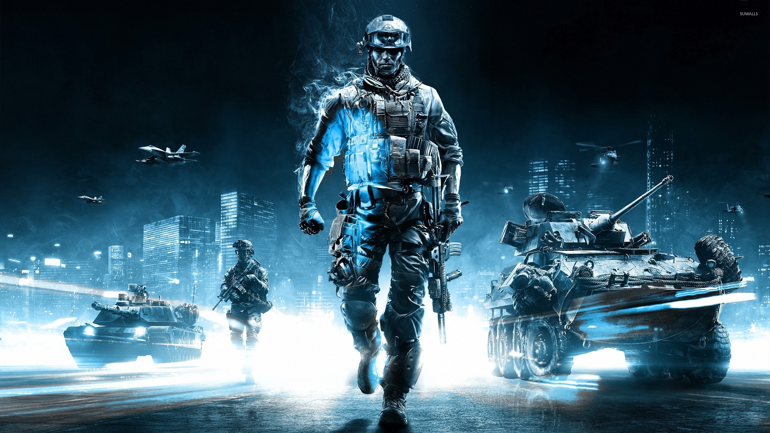 Battlefield 3, Soldato, Carri armati, Notte, Luci blu, 2K, sfondo desktop