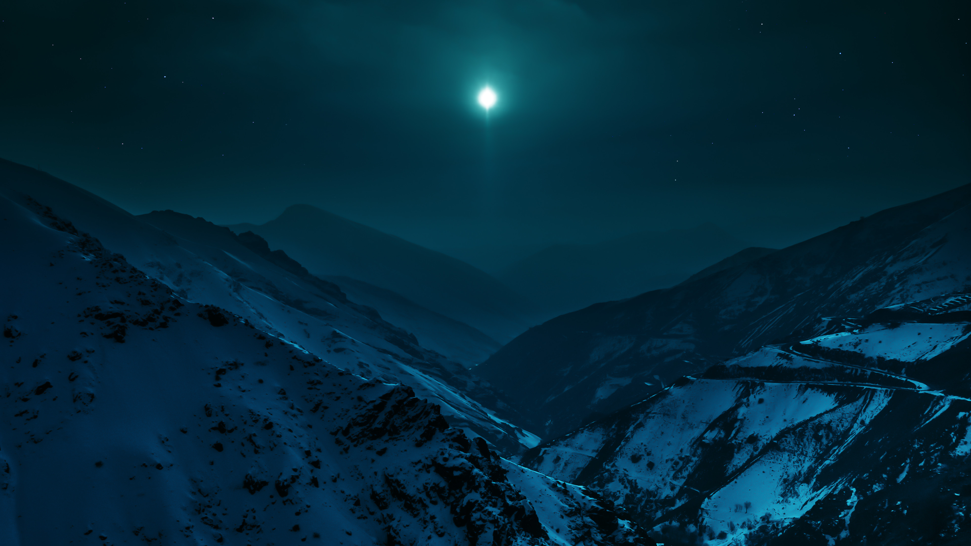 Montagne innevate, Notte, Stella, Valle, 4K, immagine di sfondo PC