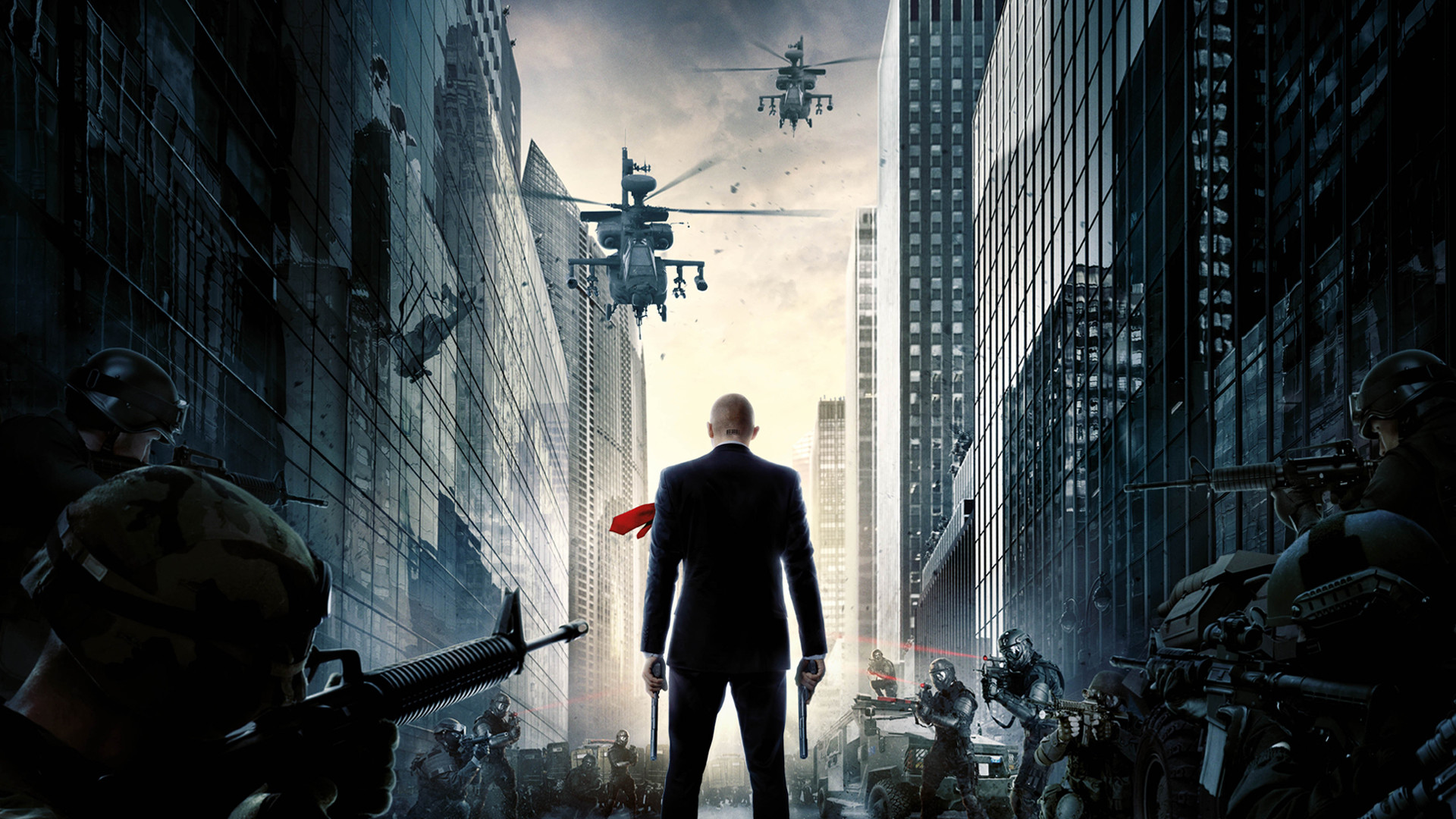 Hitman: Agent 47, Agente 47, Elicotteri, Soldati, Città, Full HD, sfondo Windows 11