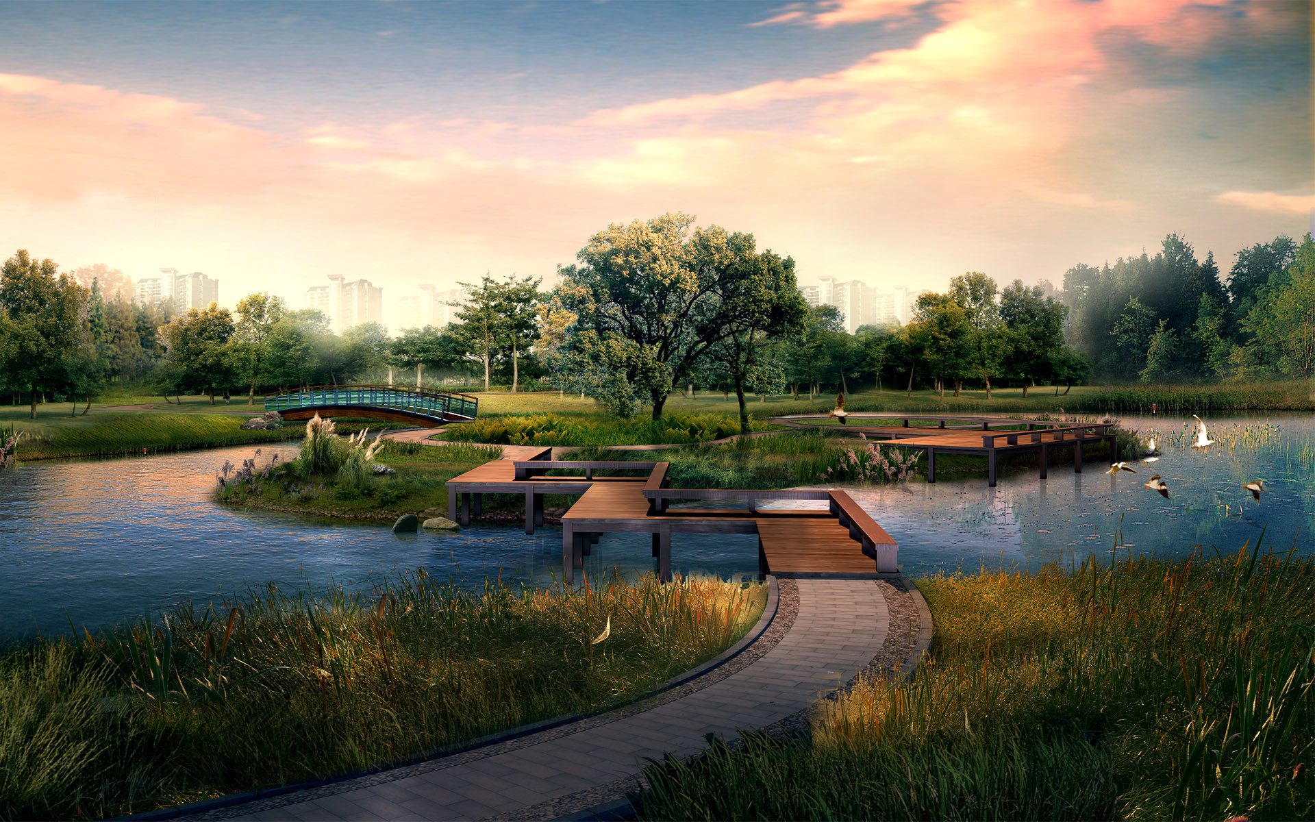 Parco, Laghetto, Pontile, Tramonto, Full HD, sfondo desktop