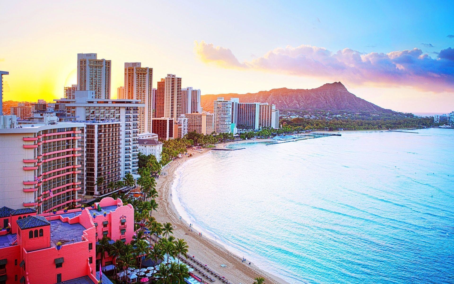 Waikiki Beach, Diamond Head, Honolulu, Hawaii, Grattacieli, Alba, sfondo 16:10 Full HD