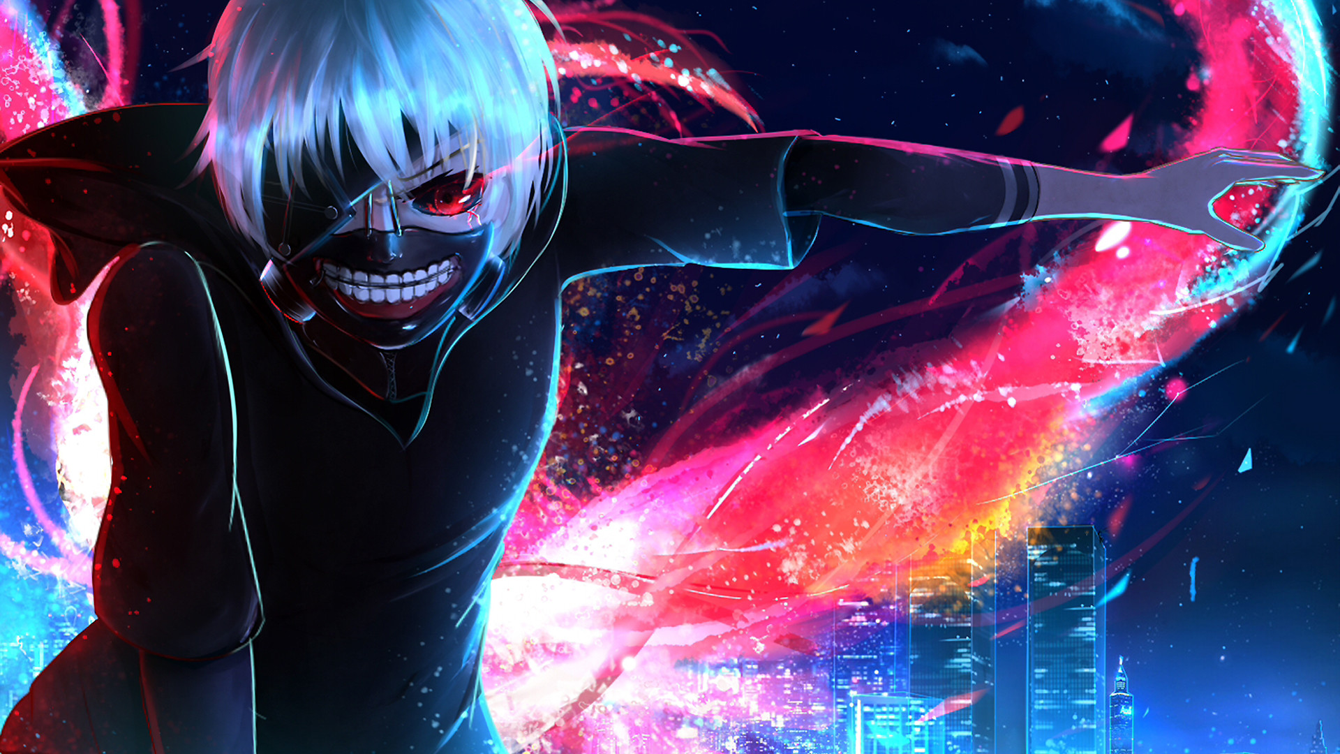 Ken Kaneki, Tokyo Ghoul, Maschera, Colori neon, Full HD, sfondo per PC e portatile