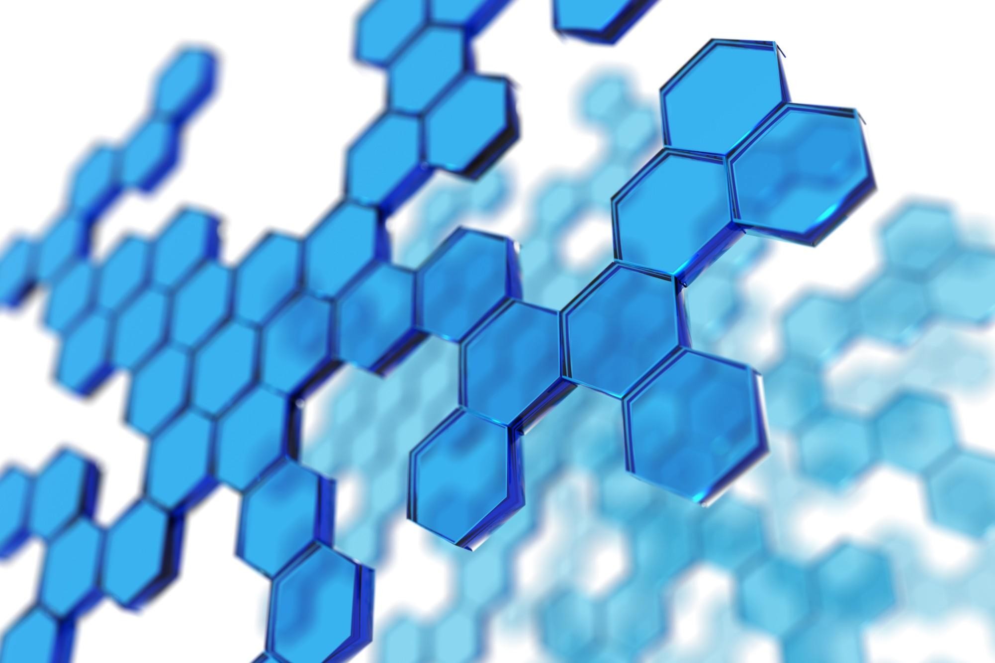 Struttura esagonale, Molecole, Blu, Rendering 3D, Full HD, wallpaper desktop