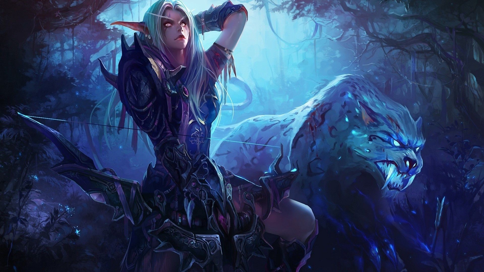 Elfa della notte, World of Warcraft, Pantera, Blu, Full HD, sfondo Windows 11