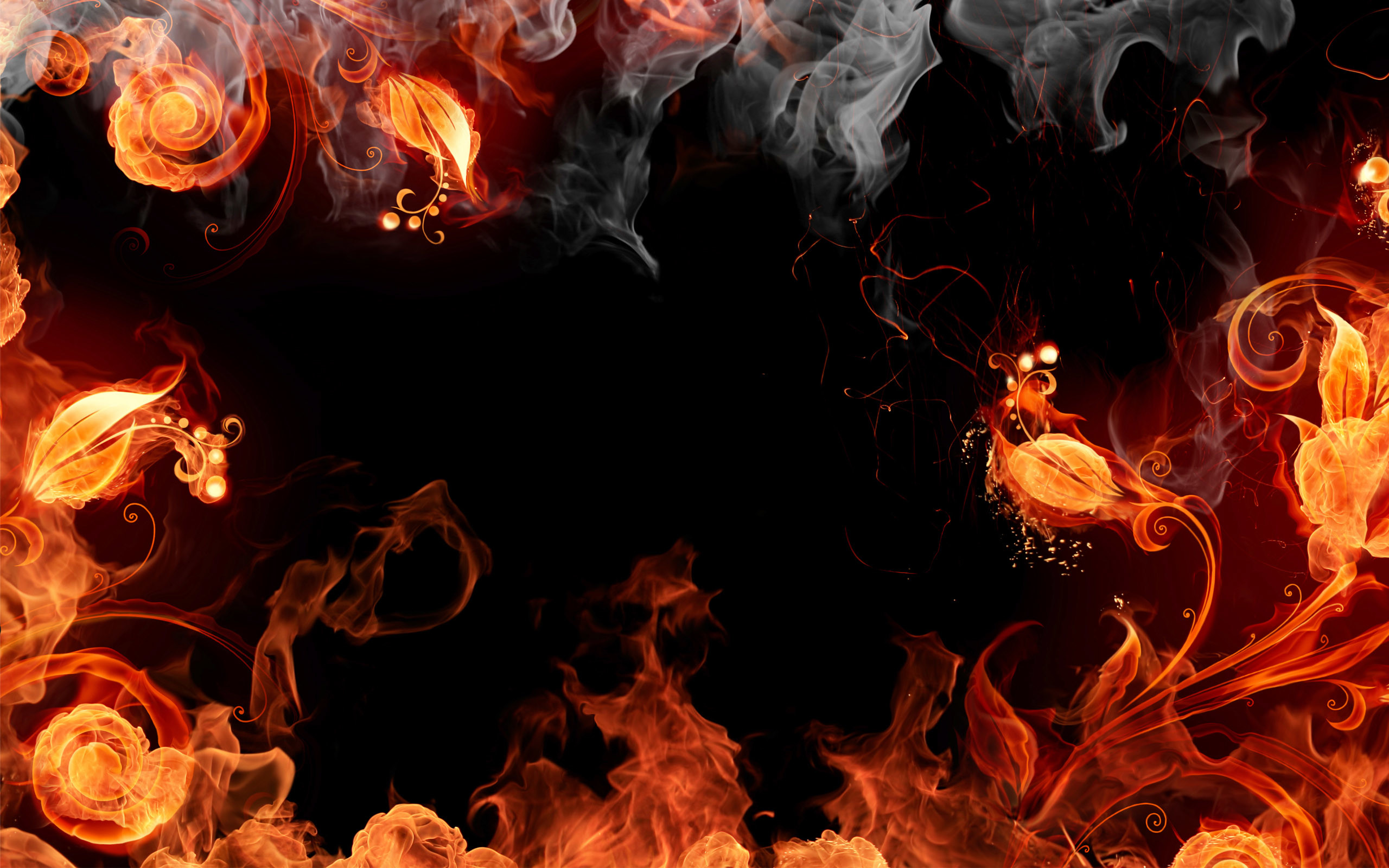 Fiamme, Cornice di fuoco, Volute, Sfondo nero, 2K, wallpaper per portatile