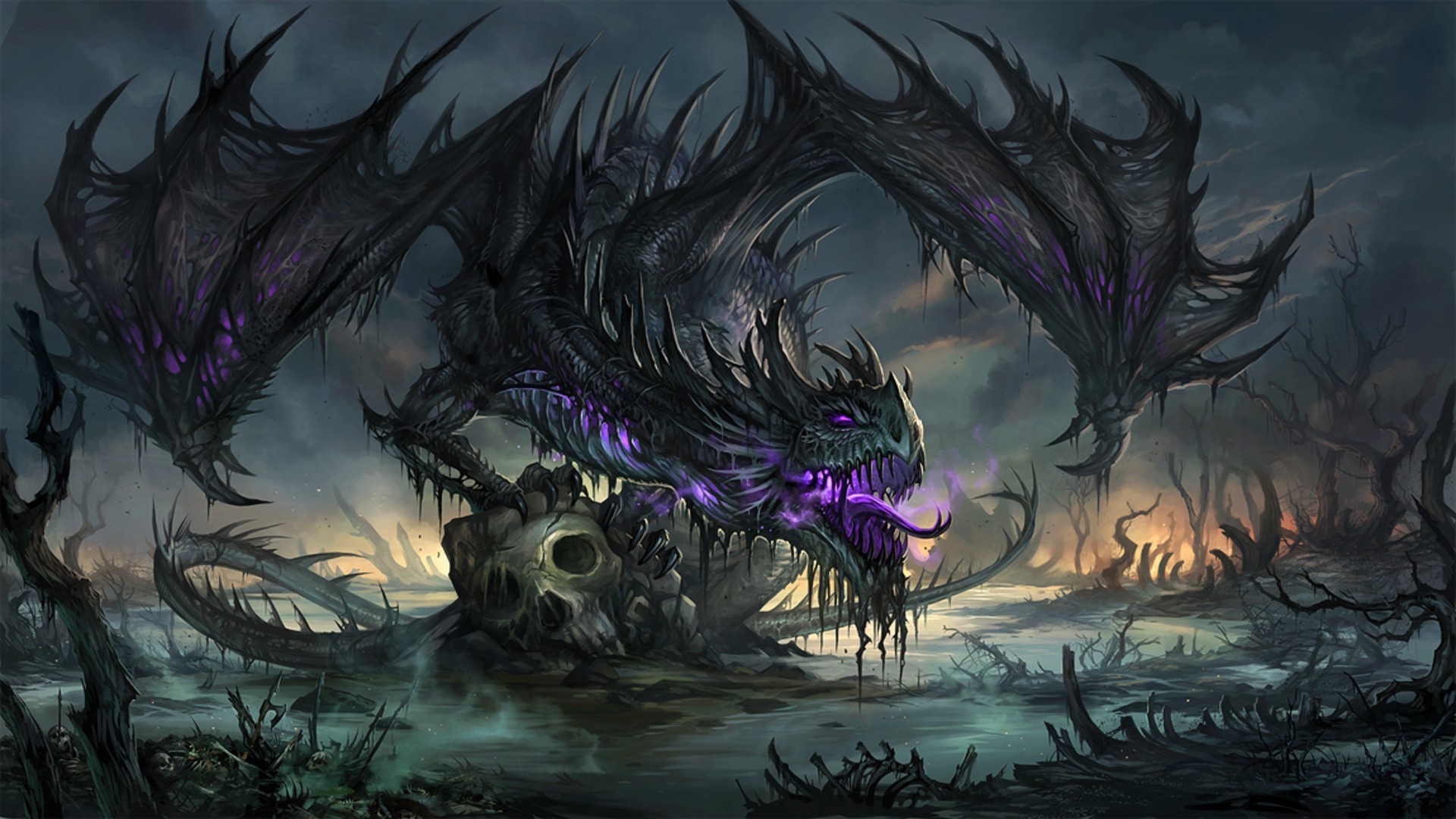 Drago nero, Teschio, Palude, Arte fantasy, 1920x1080, sfondo per PC