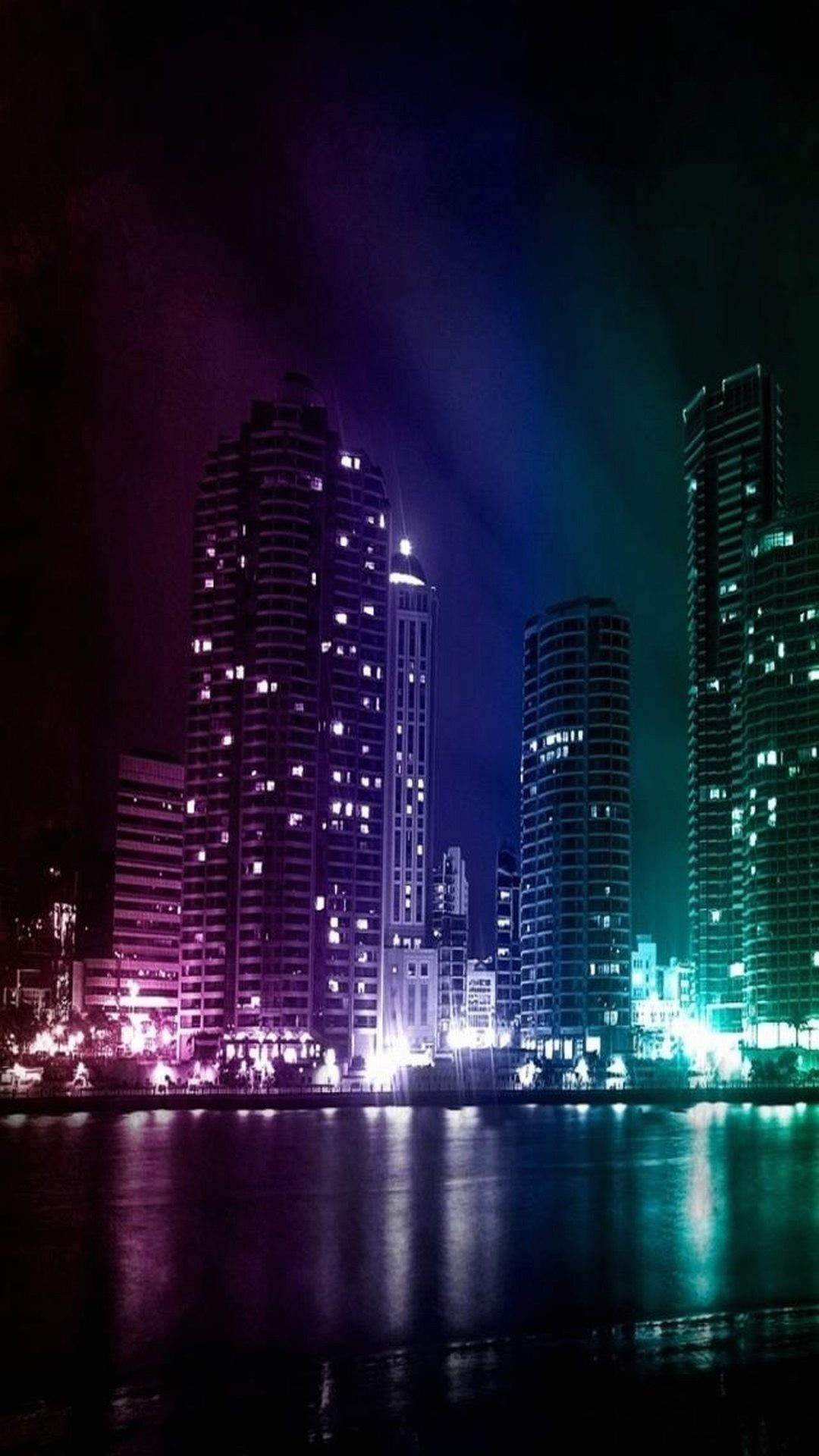 Grattacieli, Notte, Luci, Riflesso, wallpaper Samsung