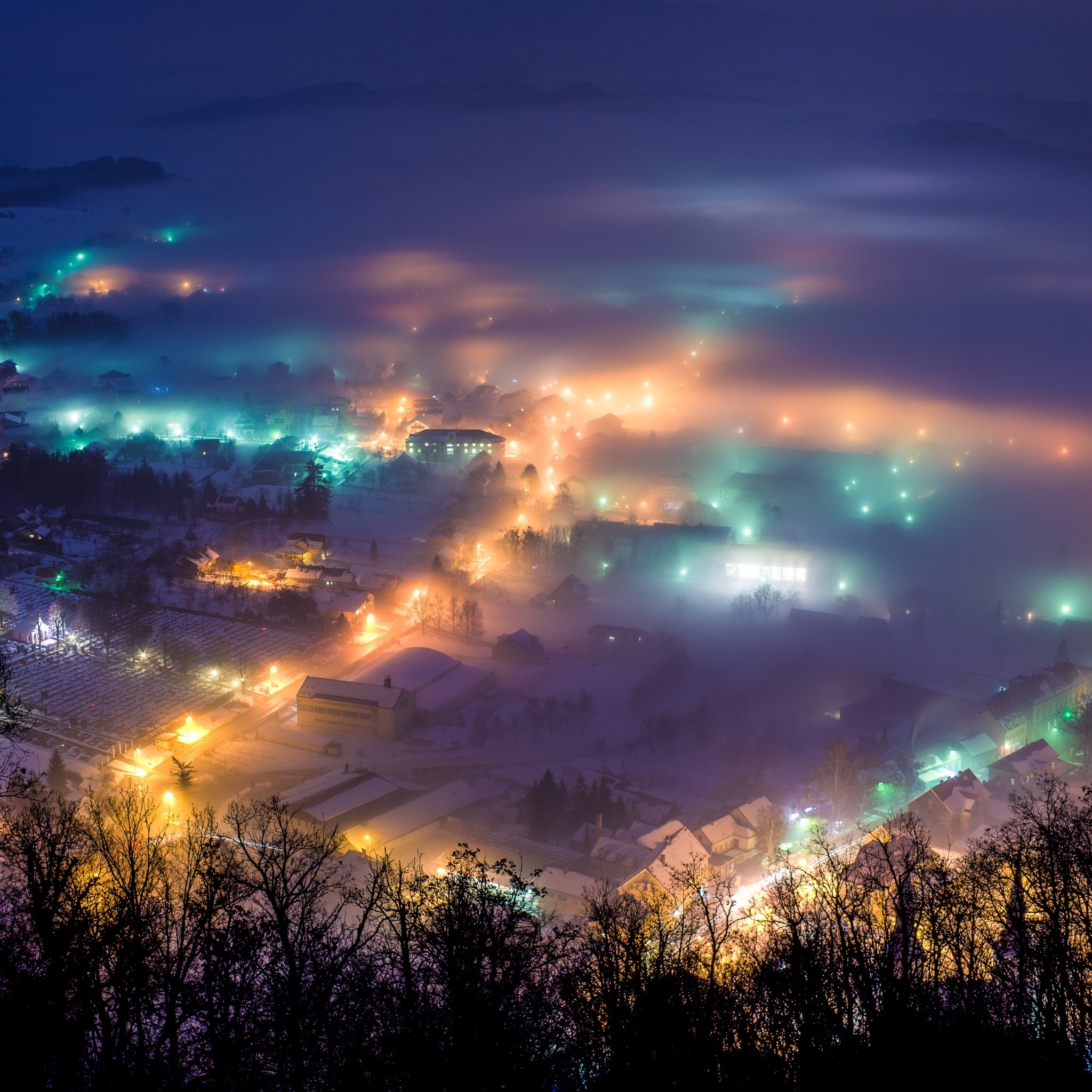 Luci della città, Notte, Nebbia, Vista dall'alto, Full HD, sfondo per iPad e tablet