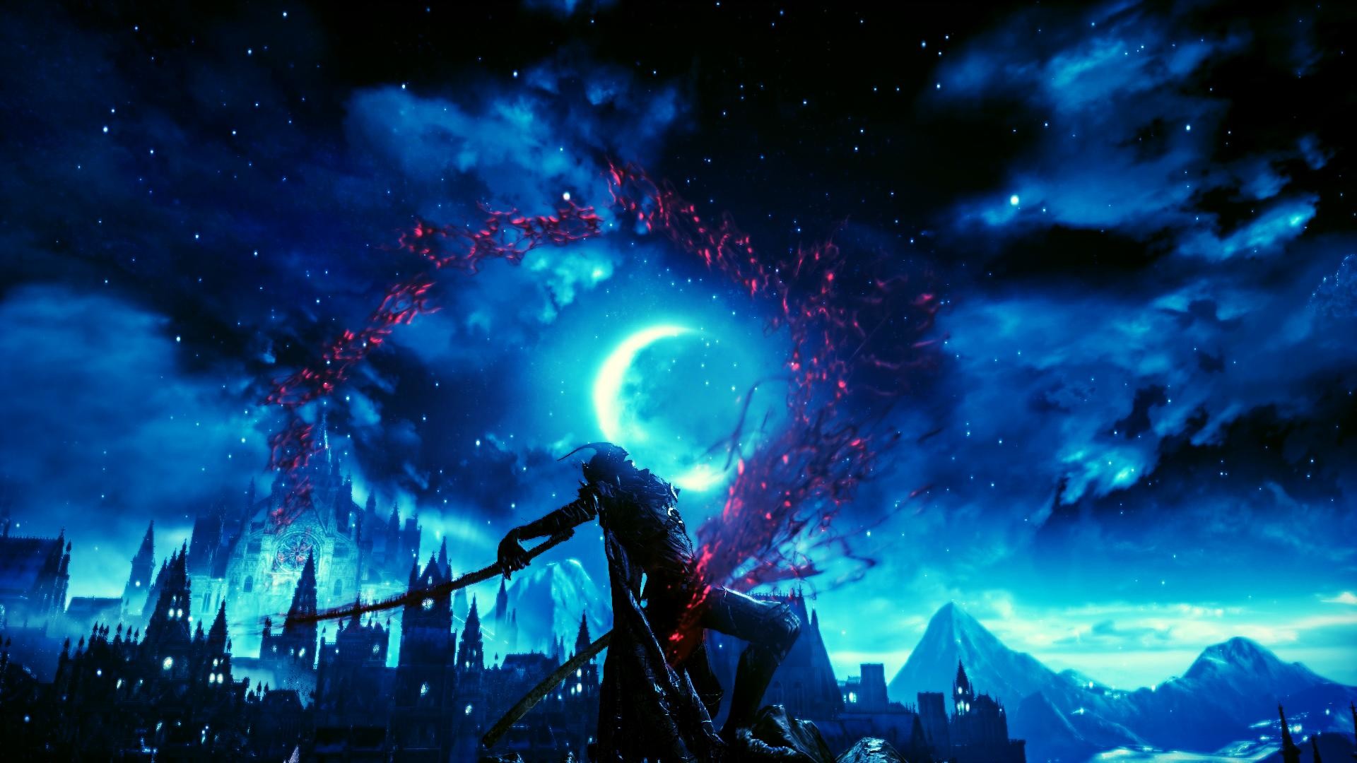 Dark Souls III, Irithyll, Luna, Notte blu, Full HD, sfondo per PC