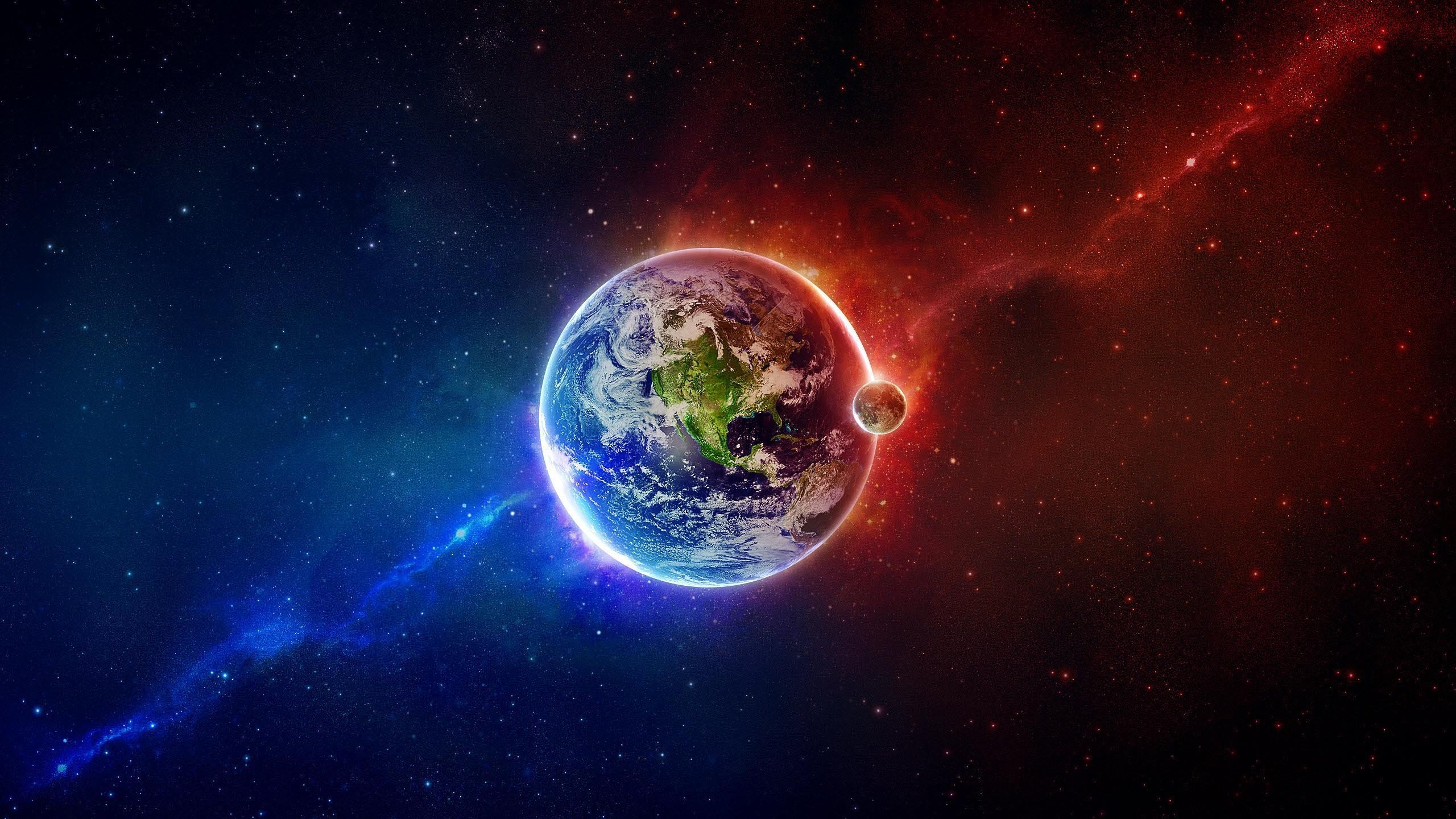 Terra, Luna, Spazio, Nebulosa, Rosso e blu, 2K 1440p, sfondo desktop