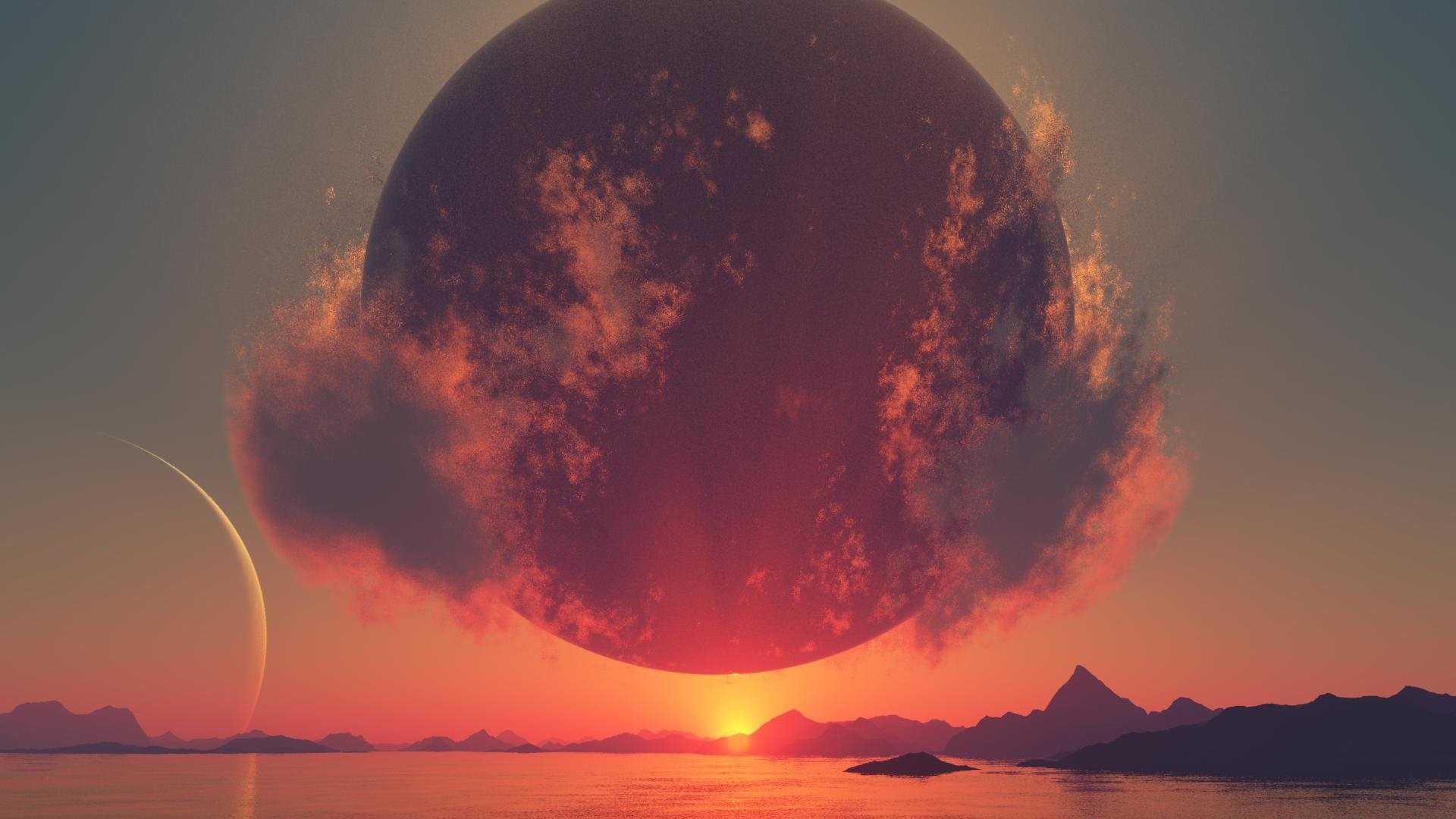 No Man's Sky, Pianeta rosso, Tramonto, Mare, Full HD, wallpaper per computer