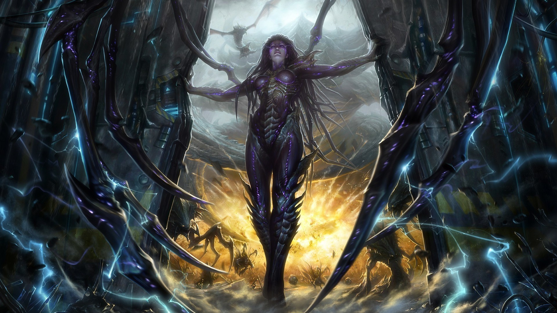 Sarah Kerrigan, Regina delle Lame, StarCraft II, Fulmini, Full HD, sfondo Windows 11