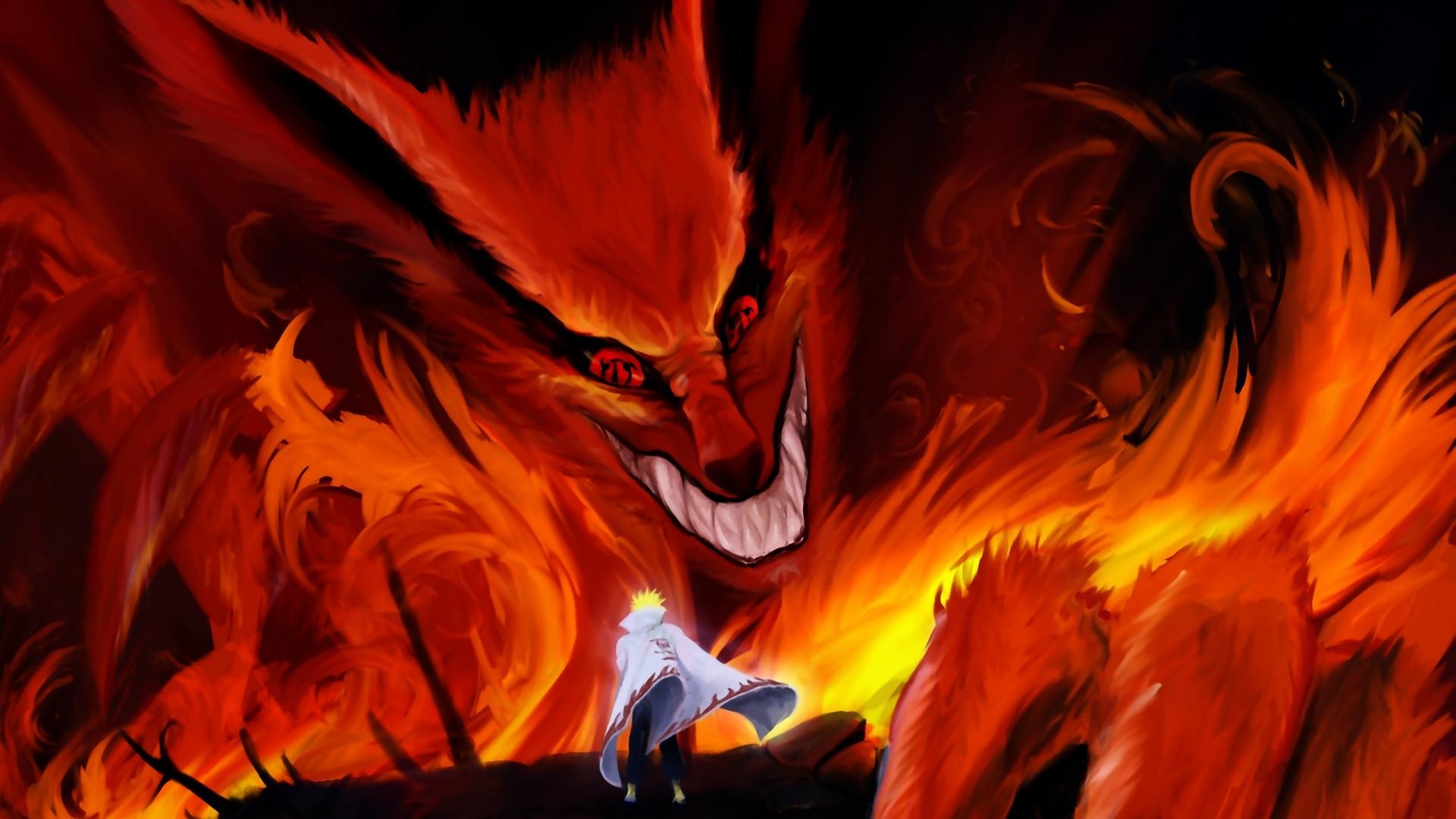 Kurama, Minato Namikaze, Volpe a nove code, Fuoco, Full HD 1080p, sfondo desktop