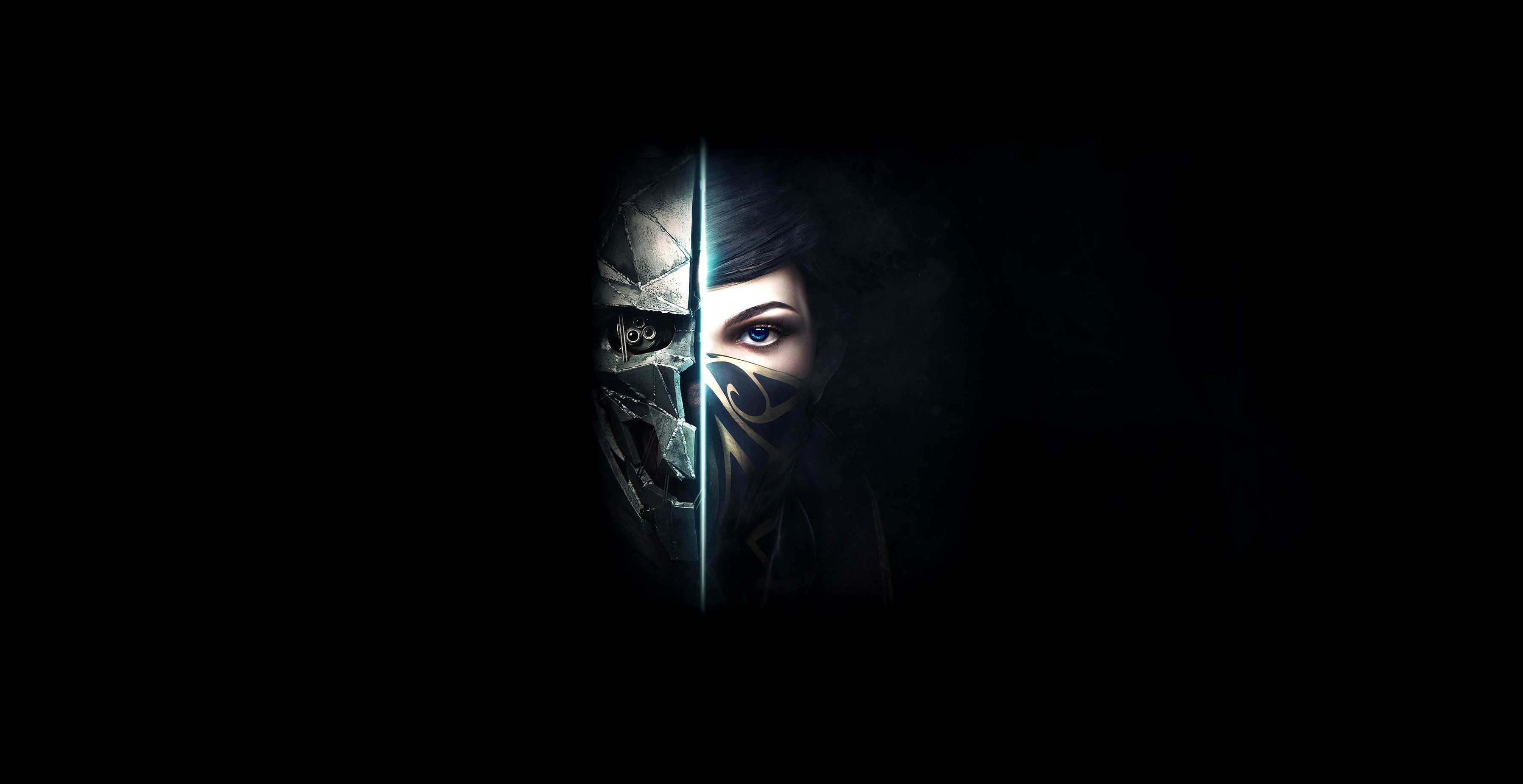 Emily Kaldwin, Corvo Attano, Dishonored 2, Maschera, Sfondo nero, wallpaper Windows 11
