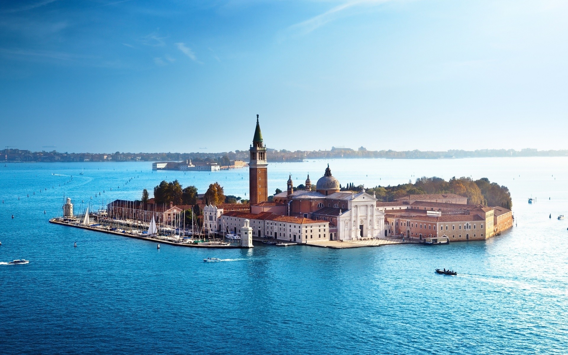 San Giorgio Maggiore, Isola, Laguna di Venezia, Venezia, Mare azzurro, sfondo desktop Full HD