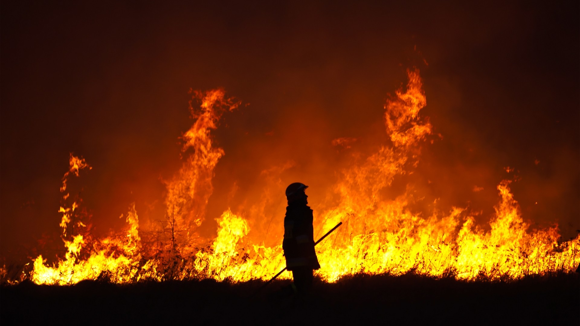 Incendio, Silhouette, Vigile del fuoco, Notte, Fiamme, Full HD, sfondo per PC
