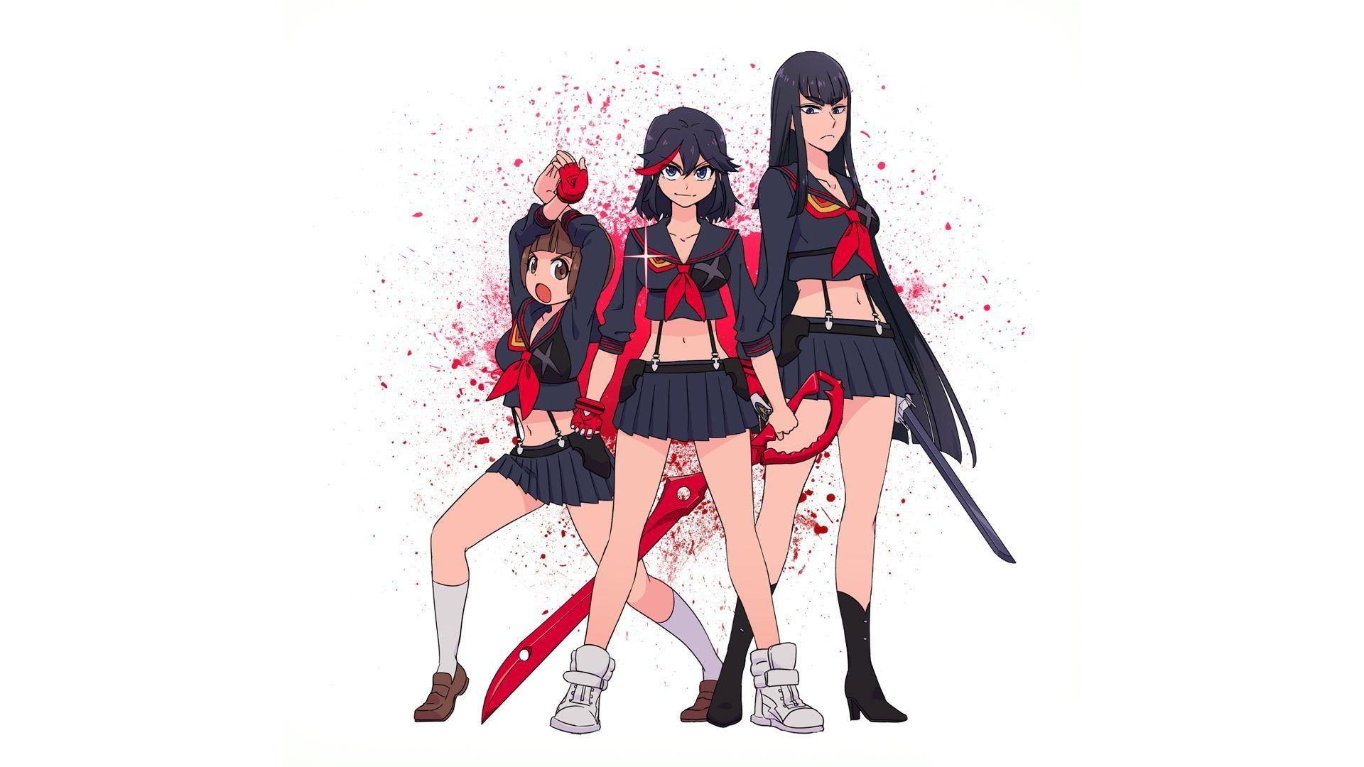 Ryuko Matoi, Satsuki Kiryuin, Mako Mankanshoku, Kill la Kill, Sfondo bianco, wallpaper Full HD