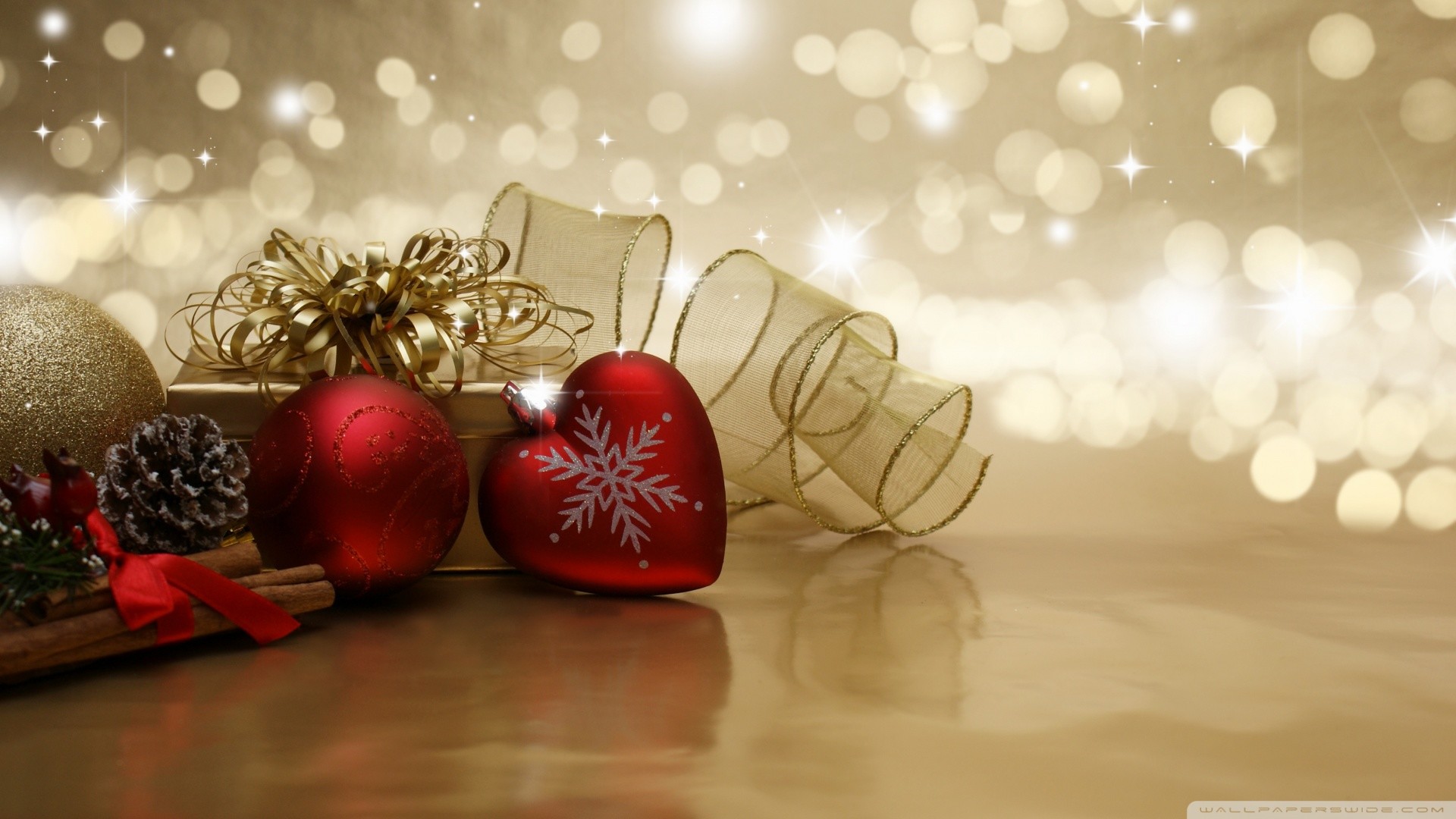Natale, Palline natalizie, Cuore, Bokeh dorato, 1920x1080, immagine di sfondo