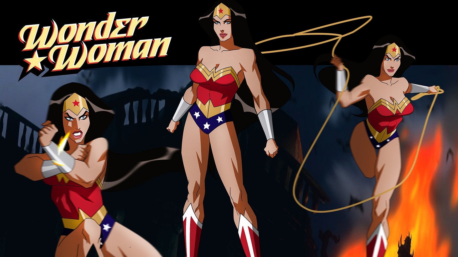 Wonder Woman, DC Comics, Lazo della verità, Fumetto, Fuoco, Notte, sfondo Full HD per PC