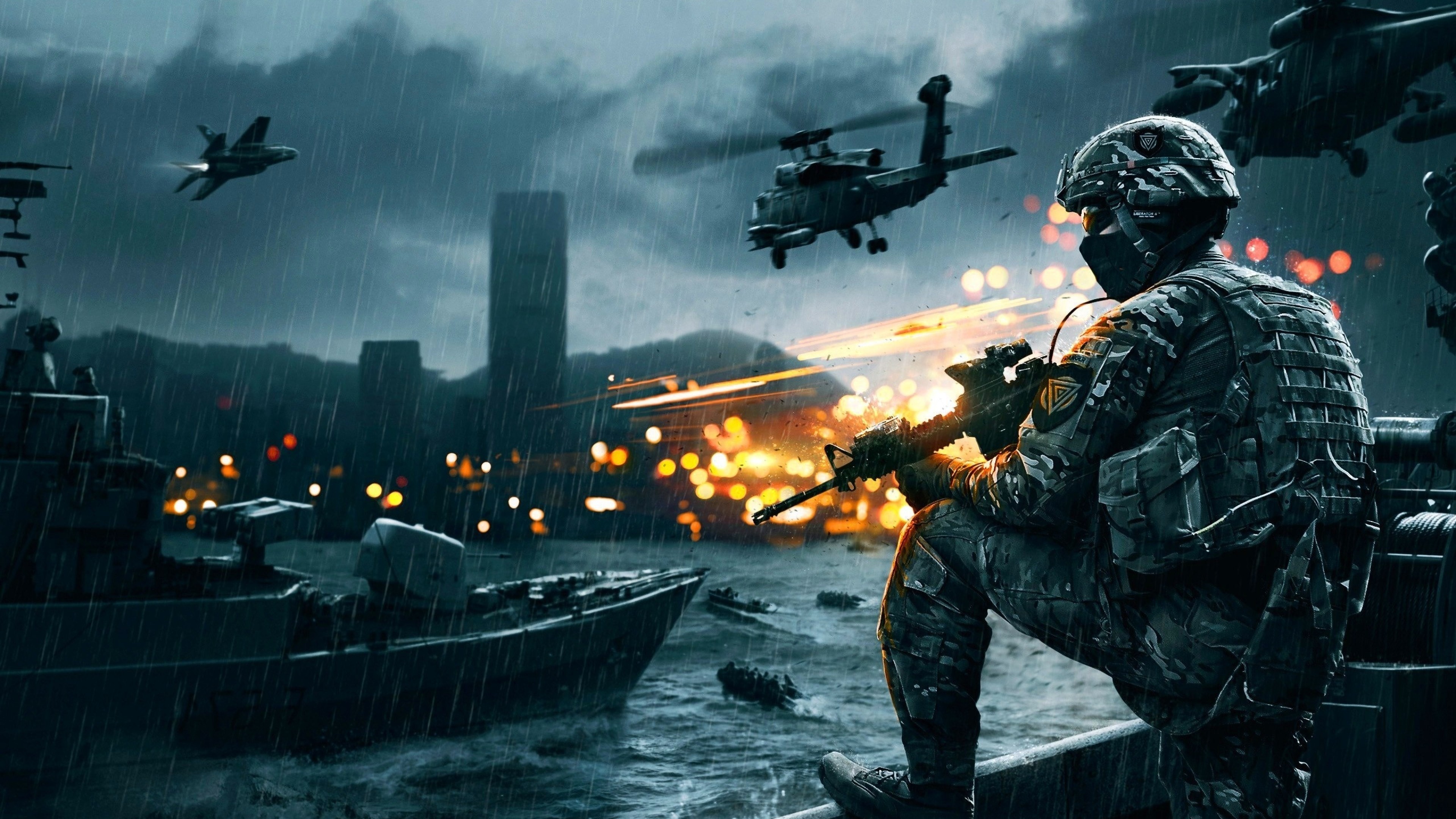 Battlefield 4, Soldato, Elicotteri, Pioggia, Guerra, 4K, sfondo PC