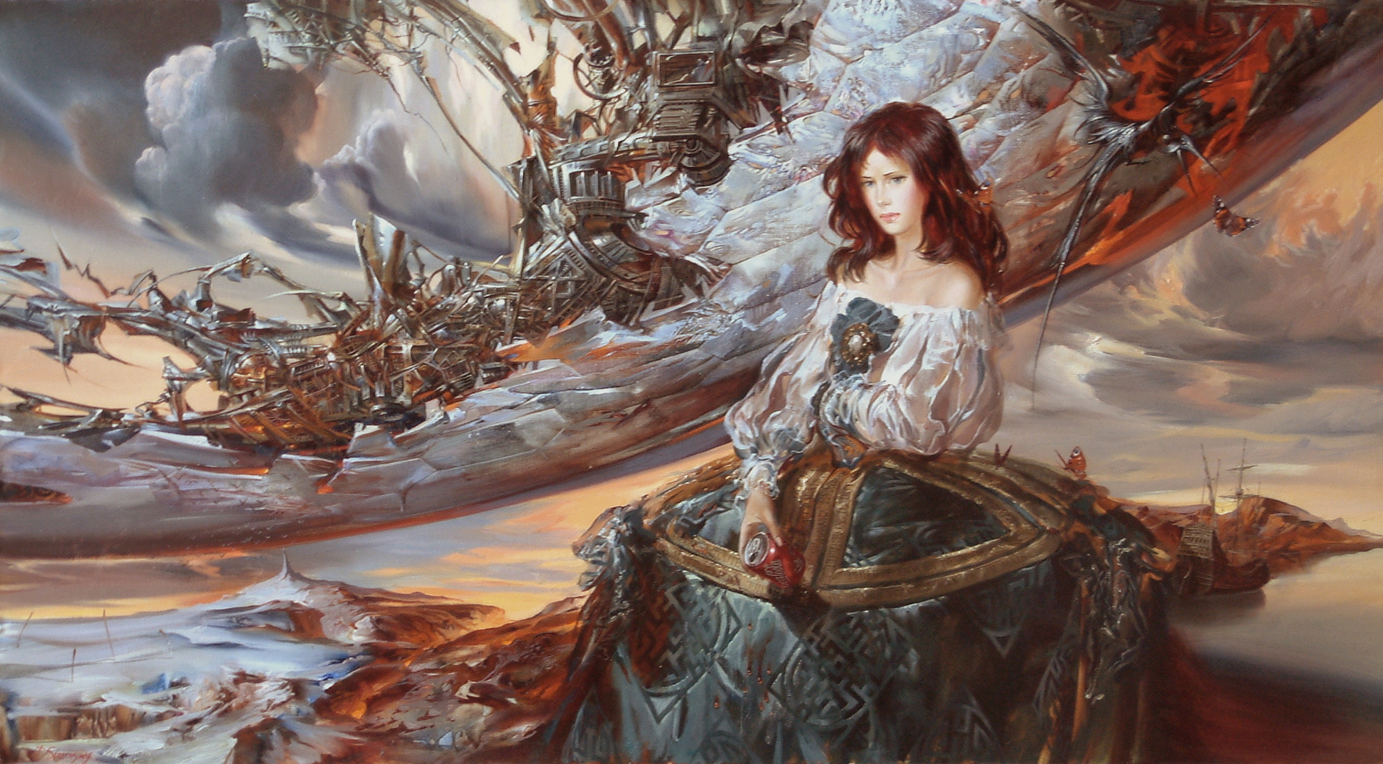 Donna, Nave volante, Fantasy, Steampunk, 2K, sfondo per PC e portatile