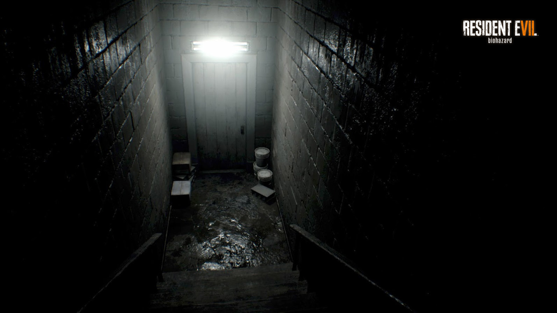 Resident Evil 7: Biohazard, Corridoio, Logo, Luce al neon, Horror, sfondo desktop Full HD