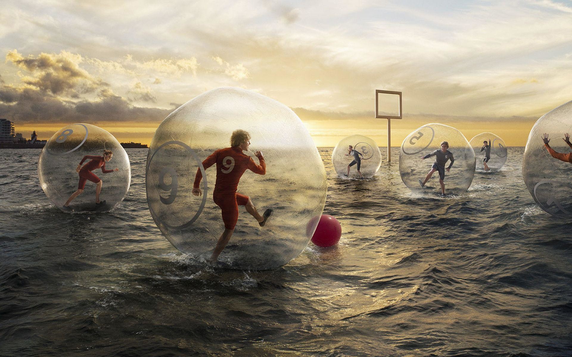 Calcio in bolle, Mare, Tramonto, Porta, Full HD, sfondo per PC e portatile