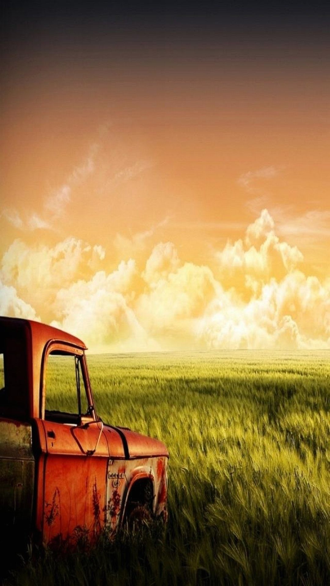 Pickup arrugginito, Campo, Tramonto, Nuvole, sfondo schermata di blocco iPhone 5S