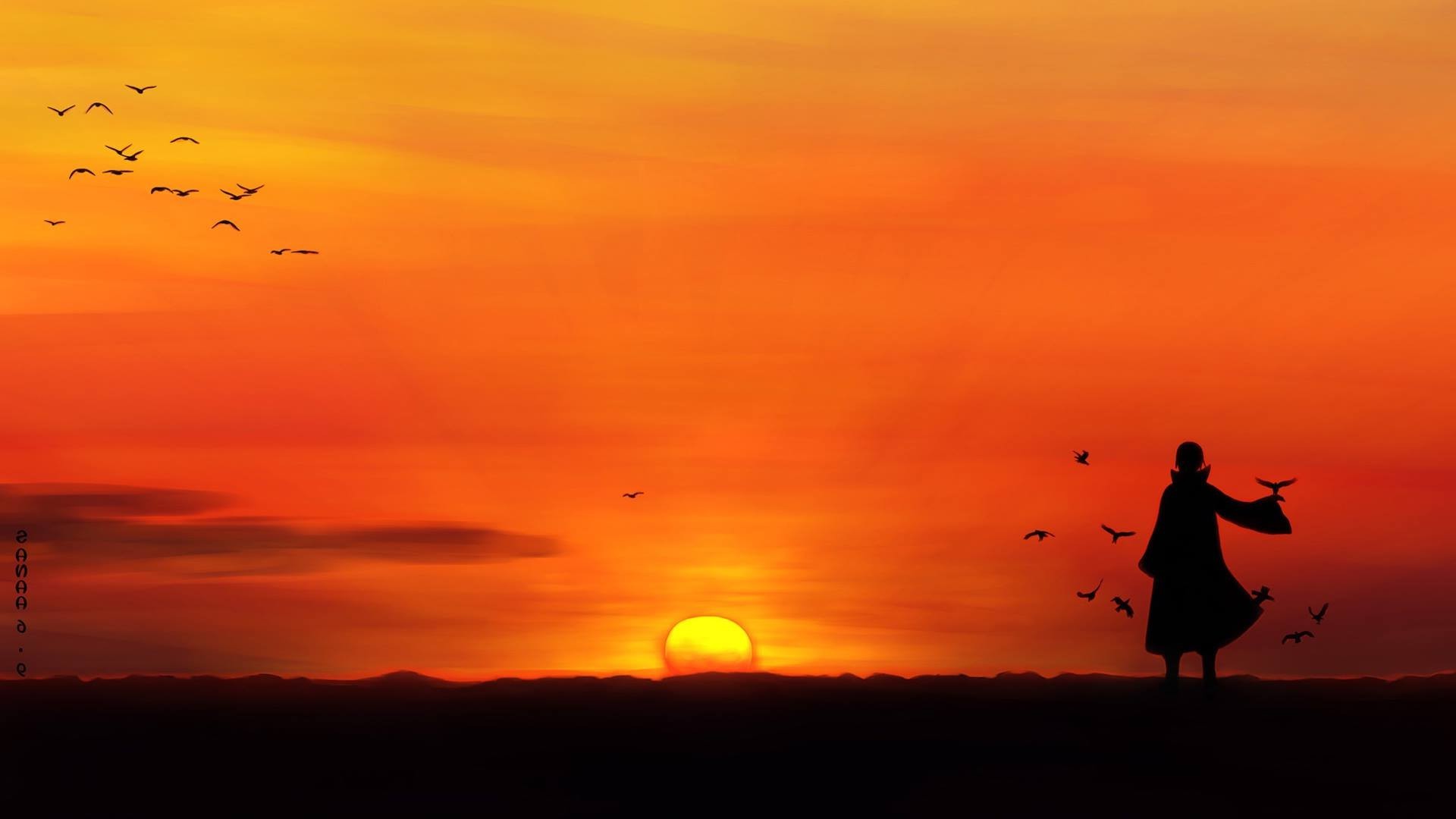 Itachi Uchiha, Tramonto, Corvi, Silhouette, Full HD, sfondo per PC e portatile