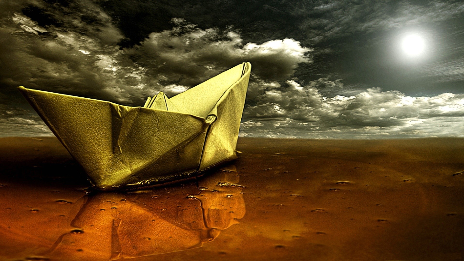Barchetta di carta, Origami, Surreale, Nuvole, Luna, Full HD, sfondo per PC e portatile