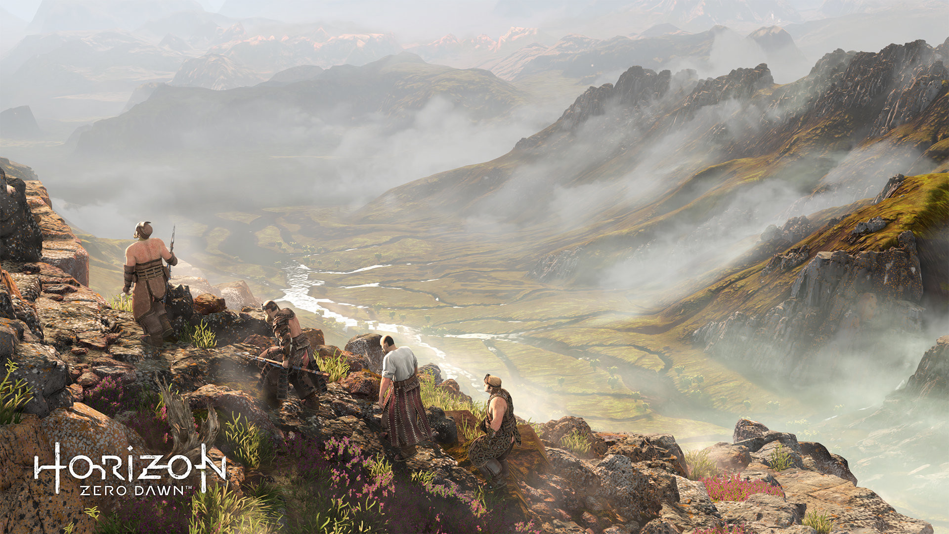 Horizon Zero Dawn, Valle, Logo, Nebbia, 16:9 Full HD, sfondo widescreen