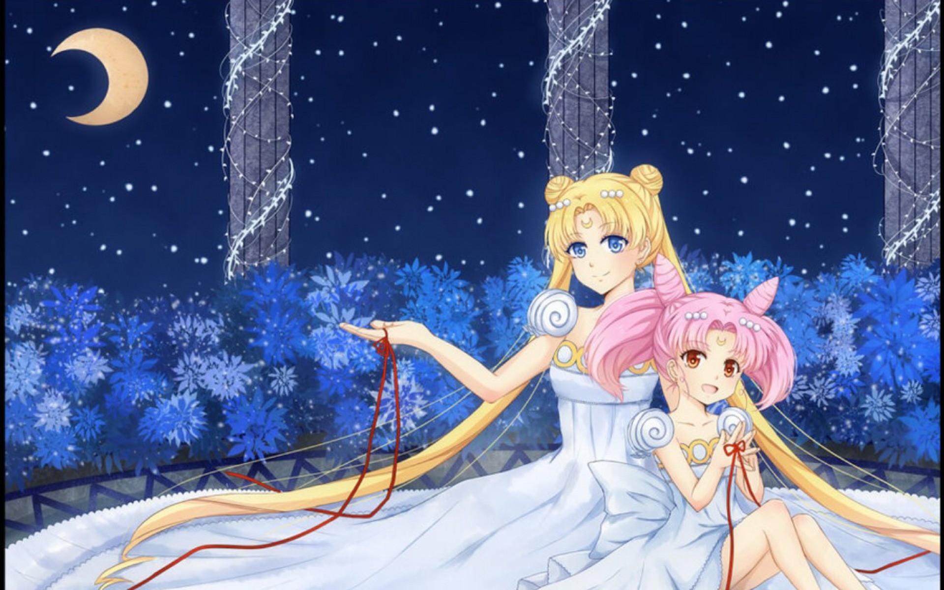 Principessa Serenity, Chibiusa, Sailor Moon, Fiori blu, 1920x1200, sfondo per PC