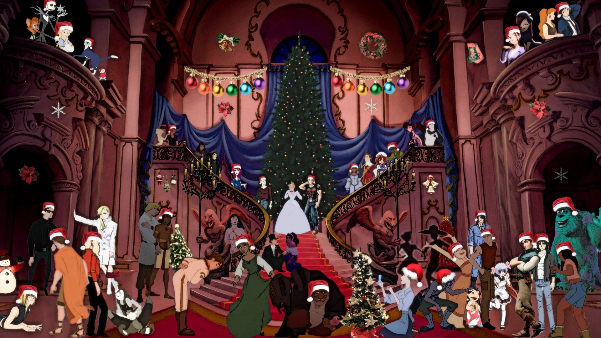 Natale, Personaggi anime, Scalinata, Albero di Natale, 16:9 Full HD, wallpaper widescreen